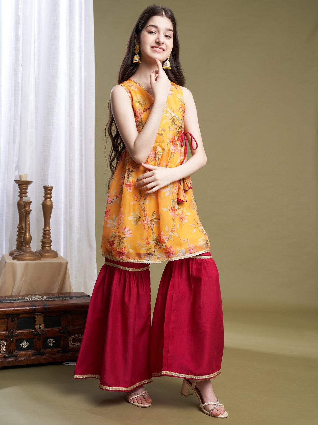 Girls Yellow Ethnic Motifs Printed Angrakha Kurta with Sharara