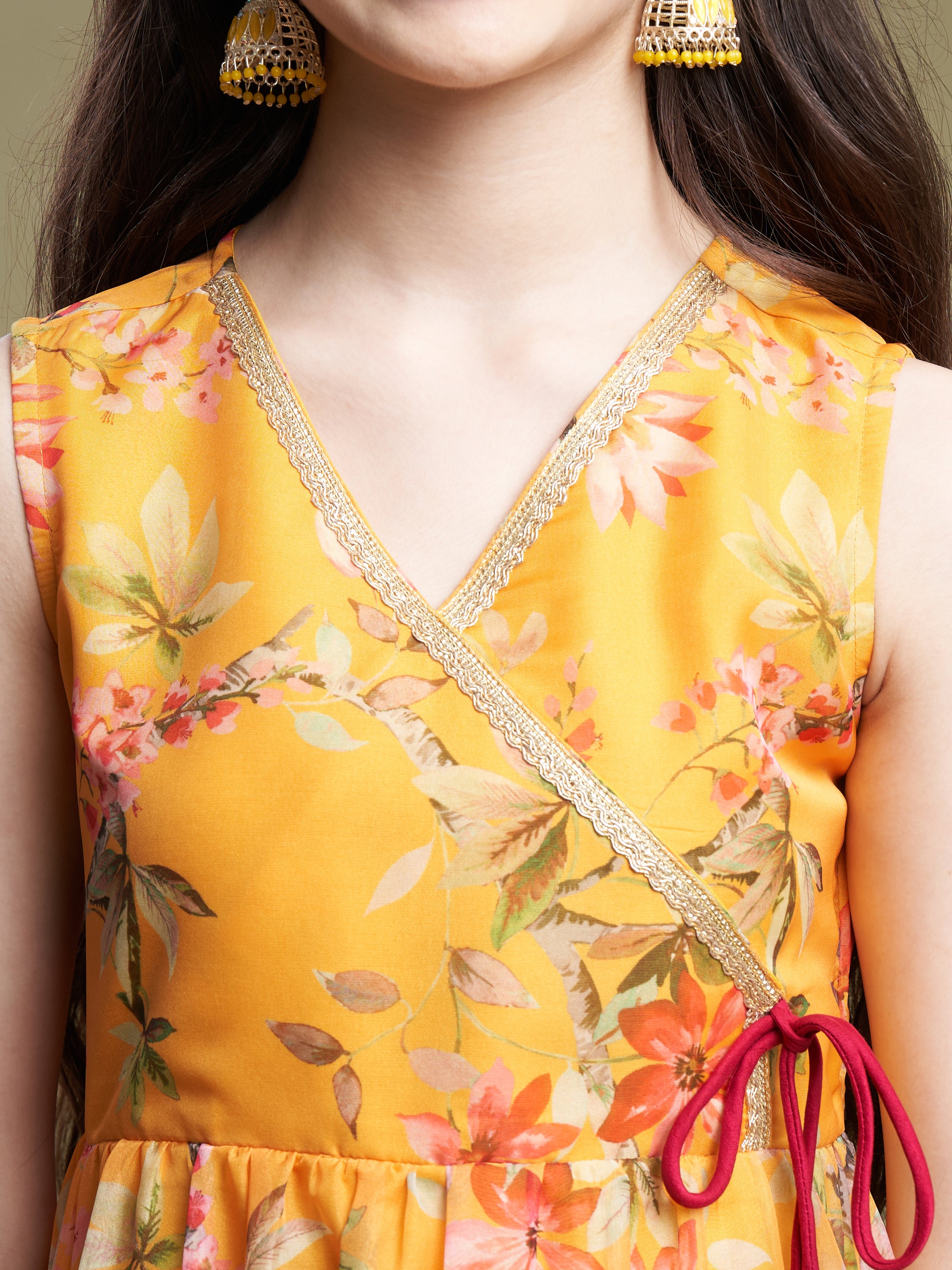 Girls Yellow-Pink Organza Printed Kurta Sharara Set