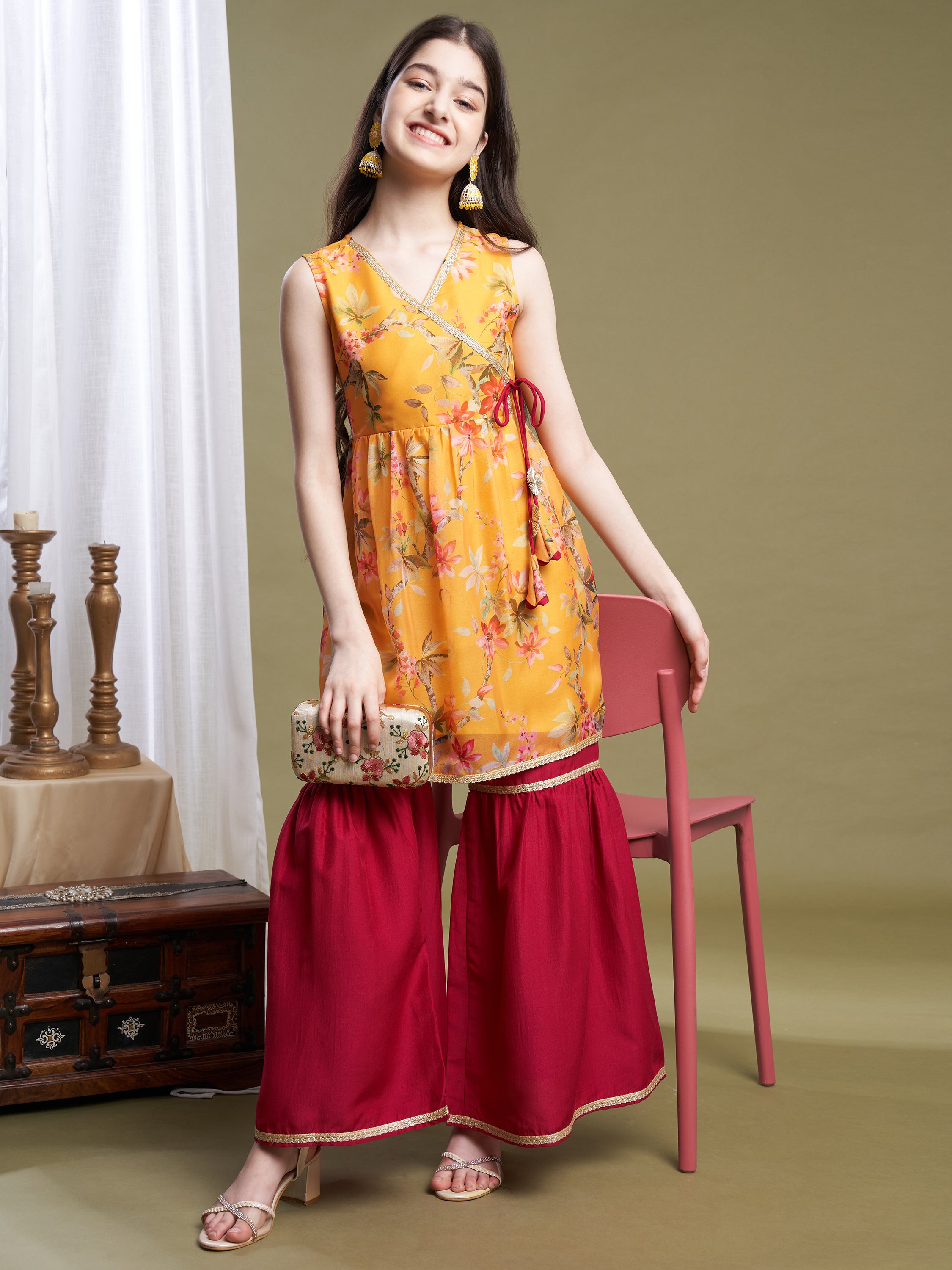 Girls Yellow-Pink Organza Printed Kurta Sharara Set