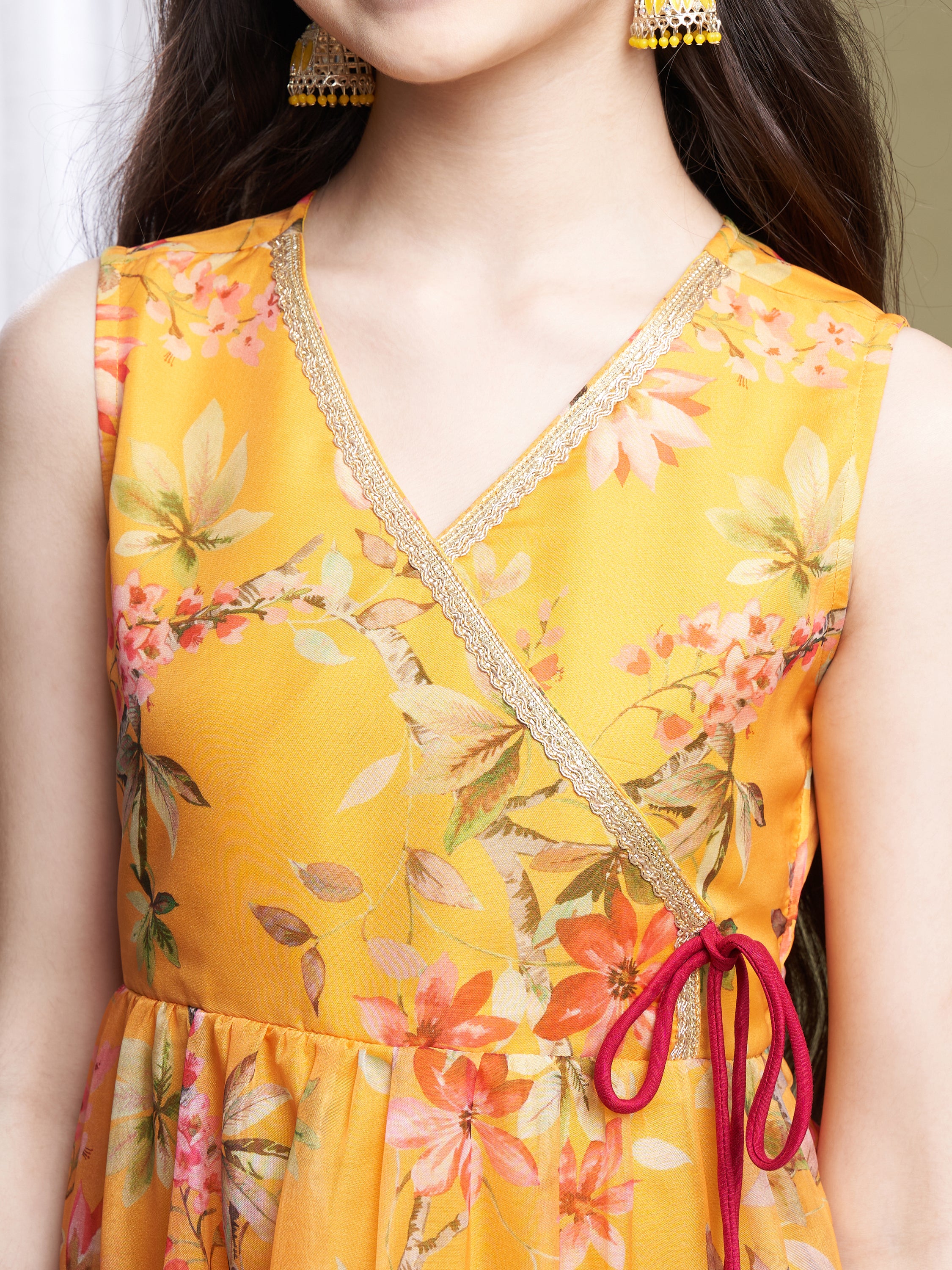 Girls Yellow-Pink Organza Printed Kurta Sharara Set