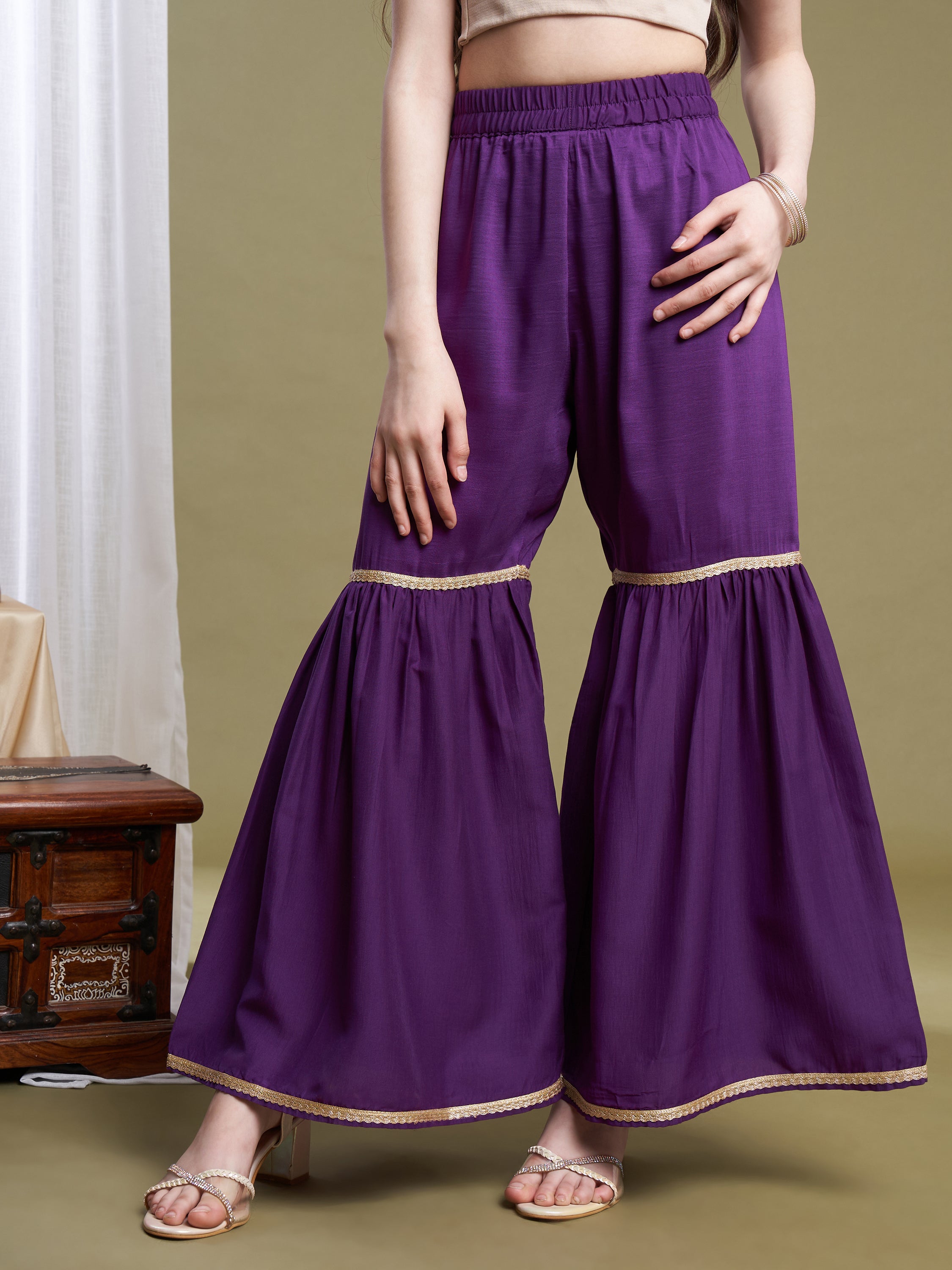 Girls Lime-Violet Organza Printed Kurta Sharara Set