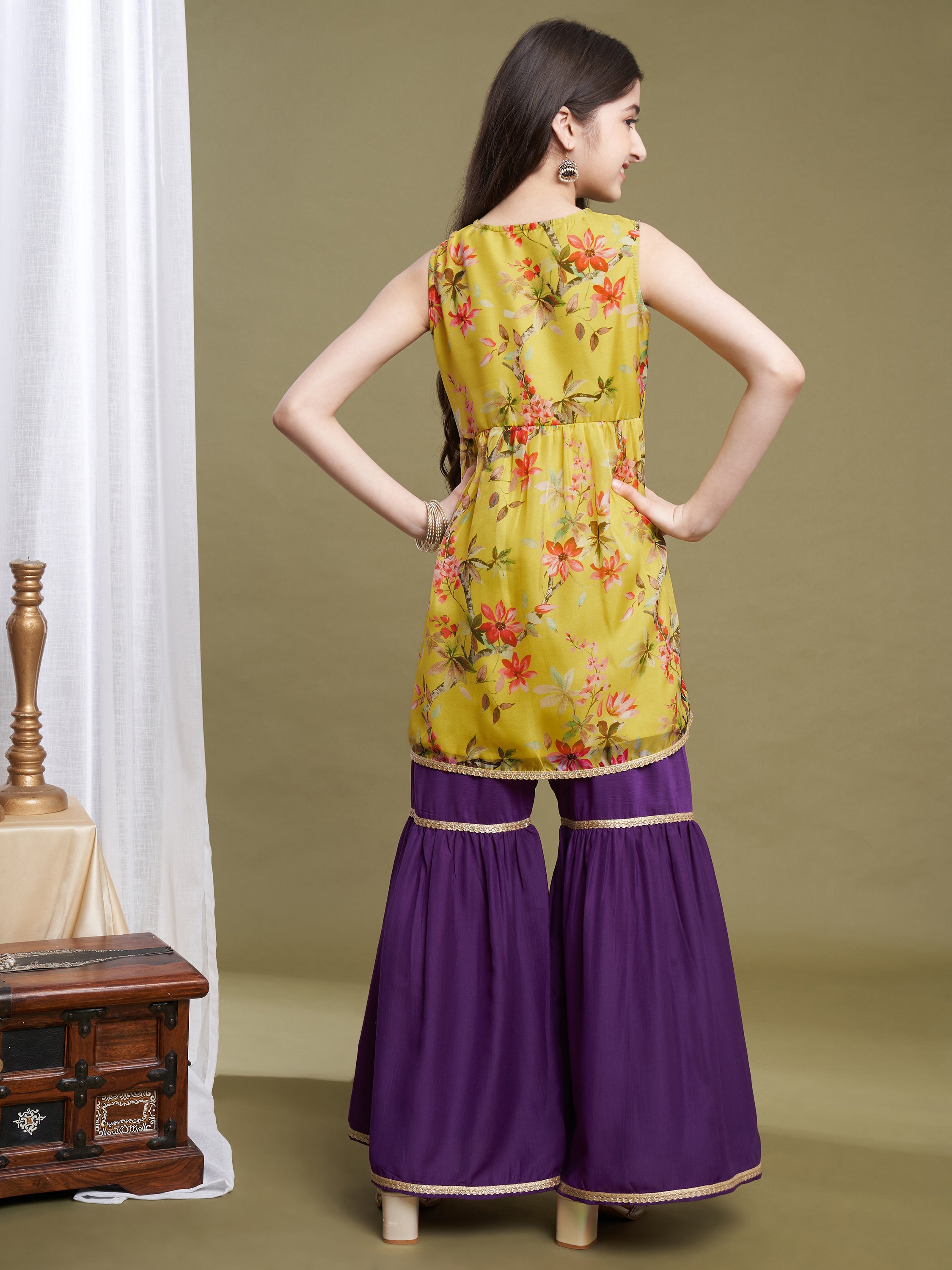Girls Lime-Violet Organza Printed Kurta Sharara Set