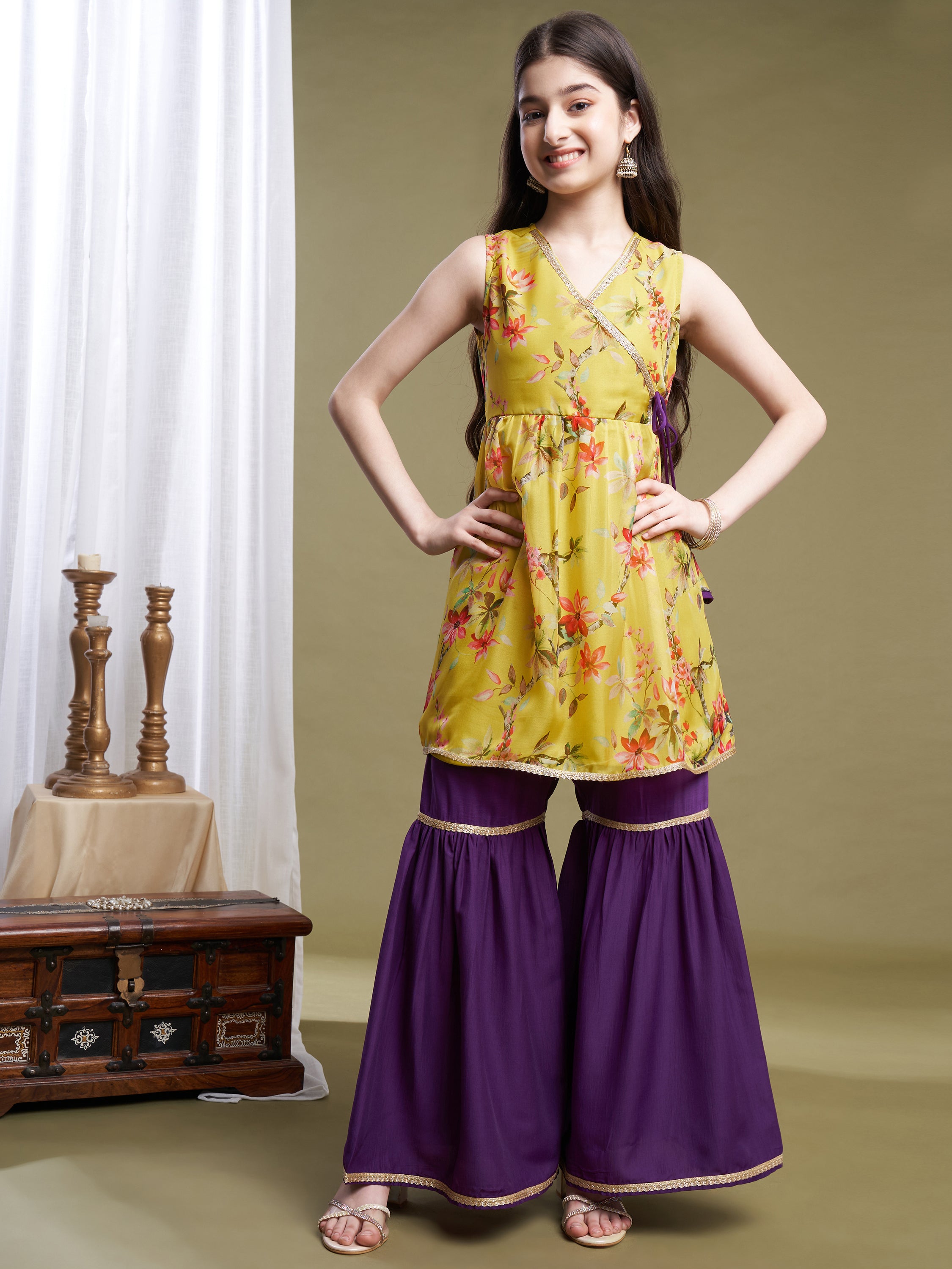 Girls Lime-Violet Organza Printed Kurta Sharara Set