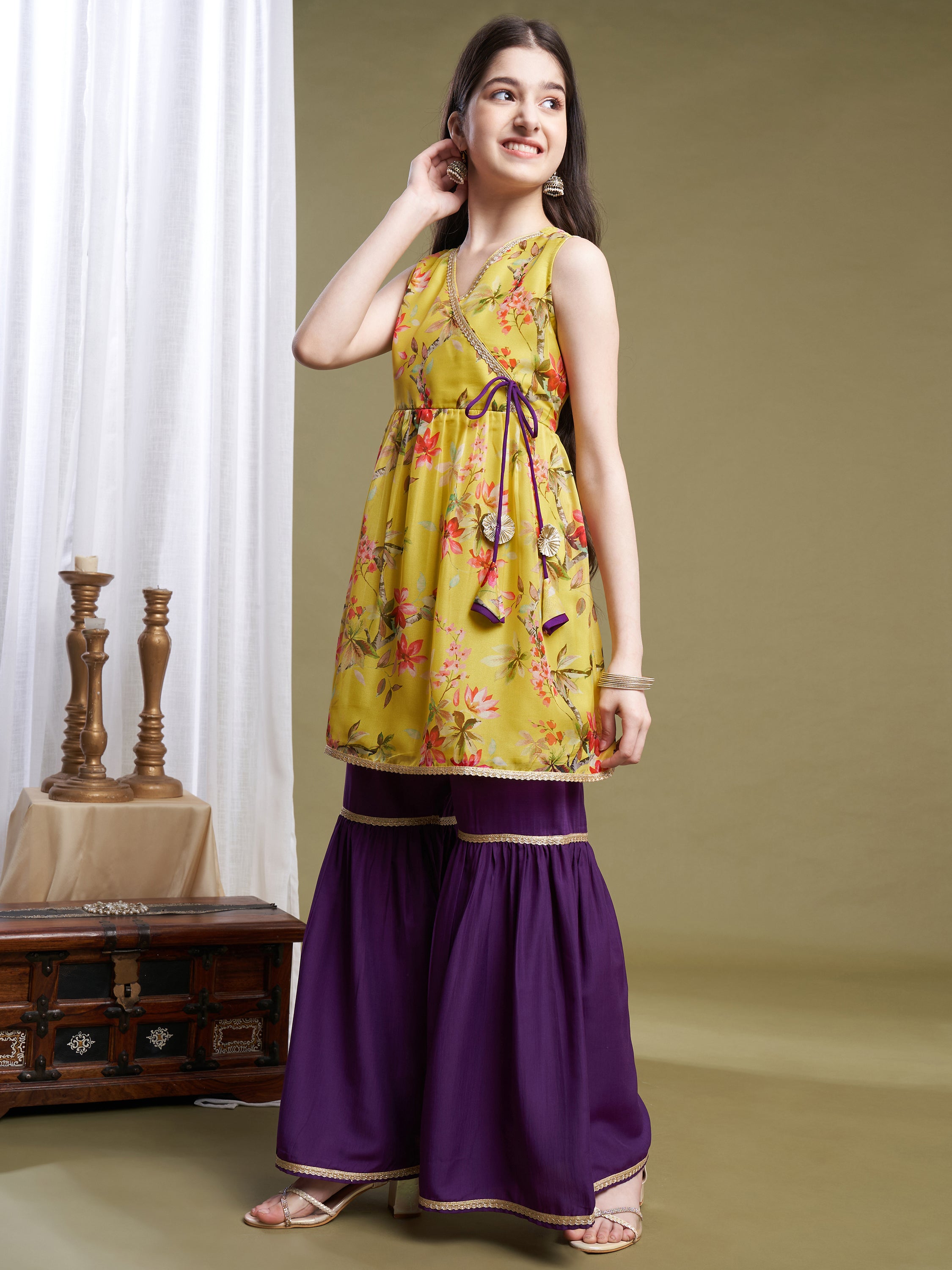 Girls Lime-Violet Organza Printed Kurta Sharara Set