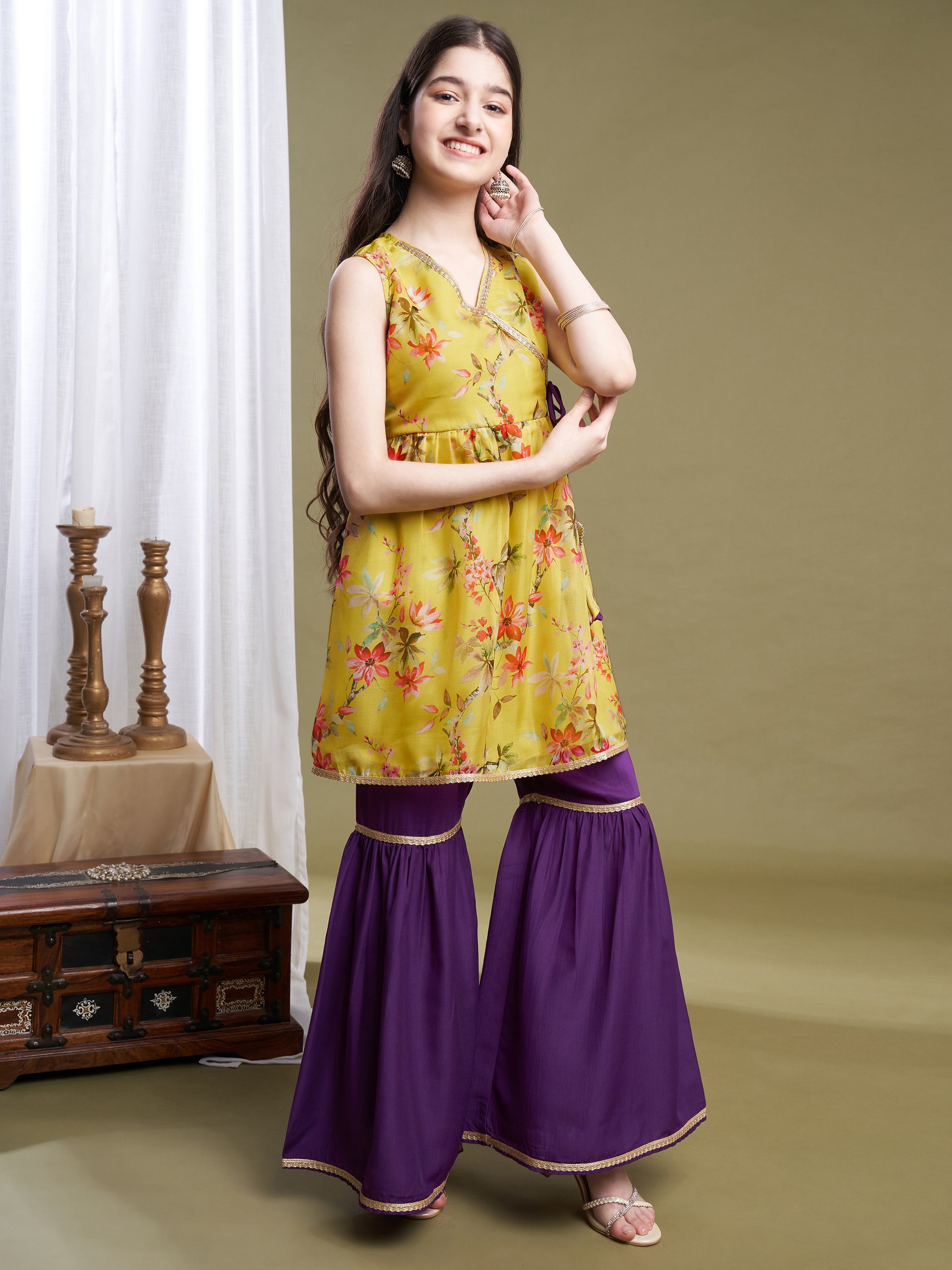 Girls Lime-Violet Organza Printed Kurta Sharara Set