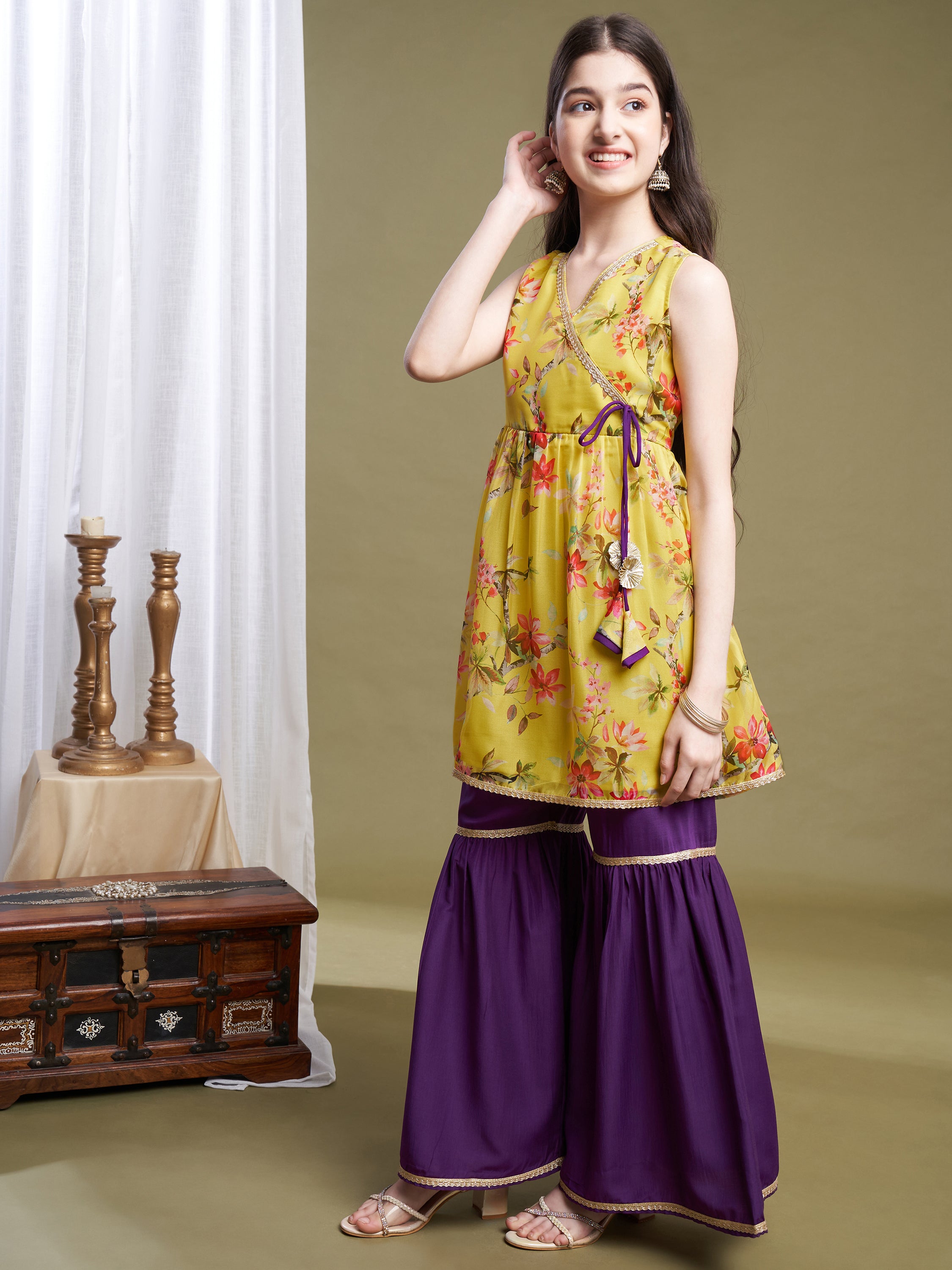 Girls Lime-Violet Organza Printed Kurta Sharara Set