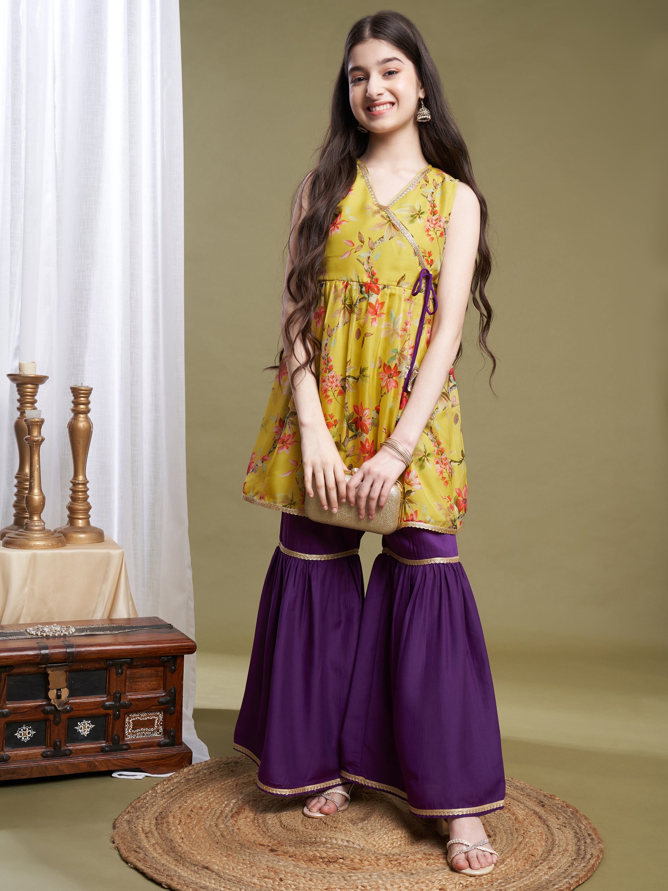 Girls Lime-Violet Organza Printed Kurta Sharara Set