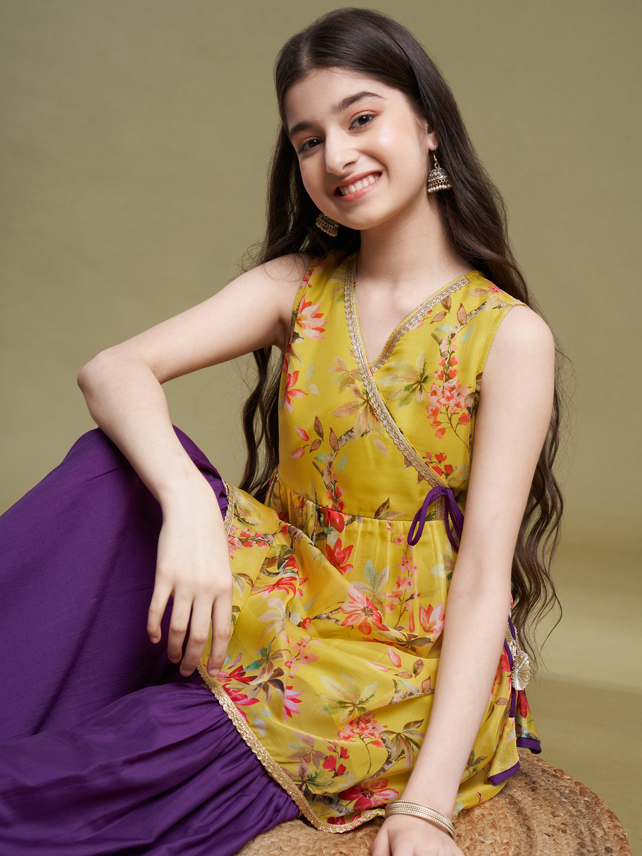Girls Lime-Violet Organza Printed Kurta Sharara Set