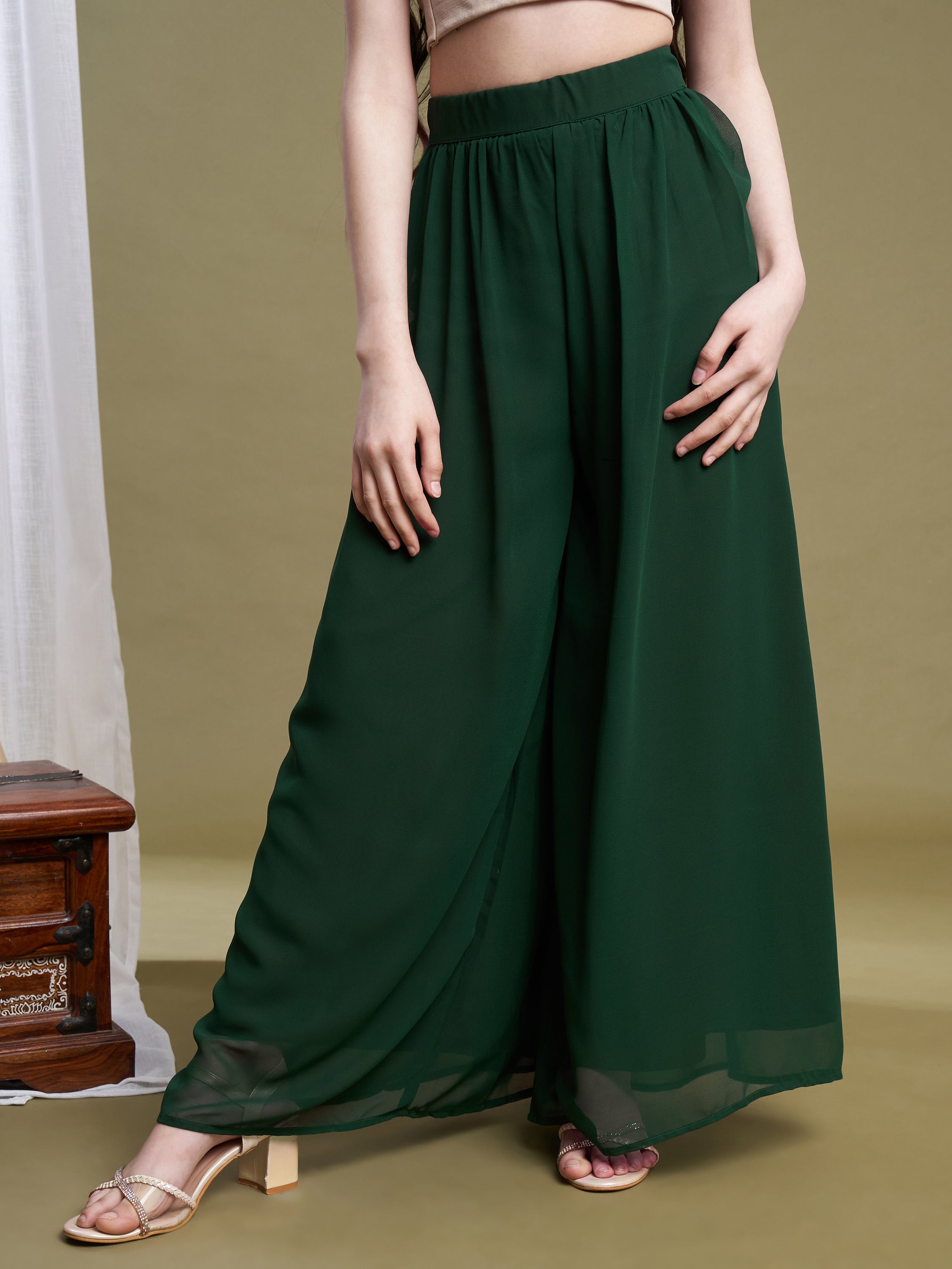 Girls Green Georgette Printed Top-Plaza & Shrug Set