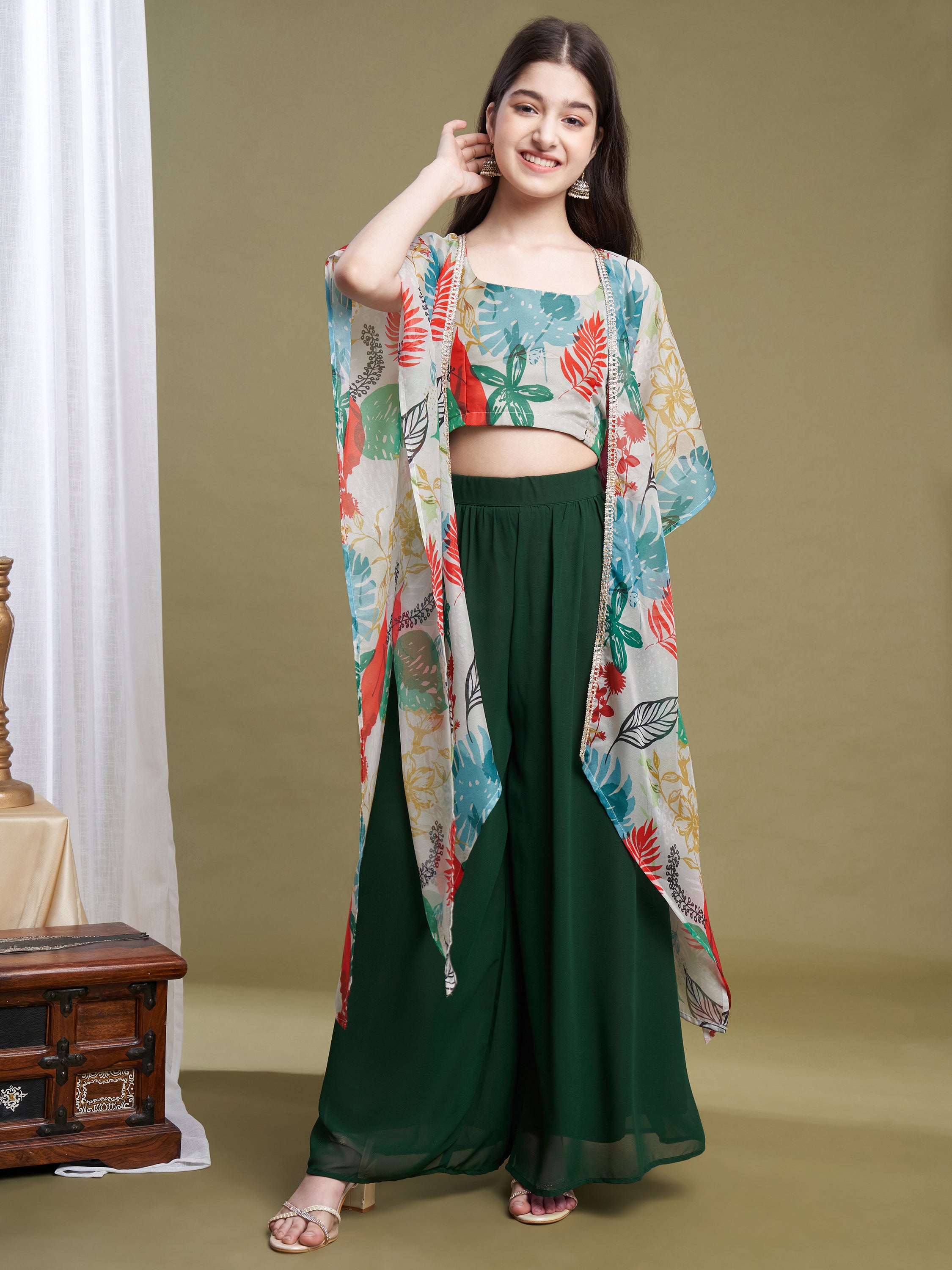 Girls Green Georgette Printed Top-Plaza & Shrug Set