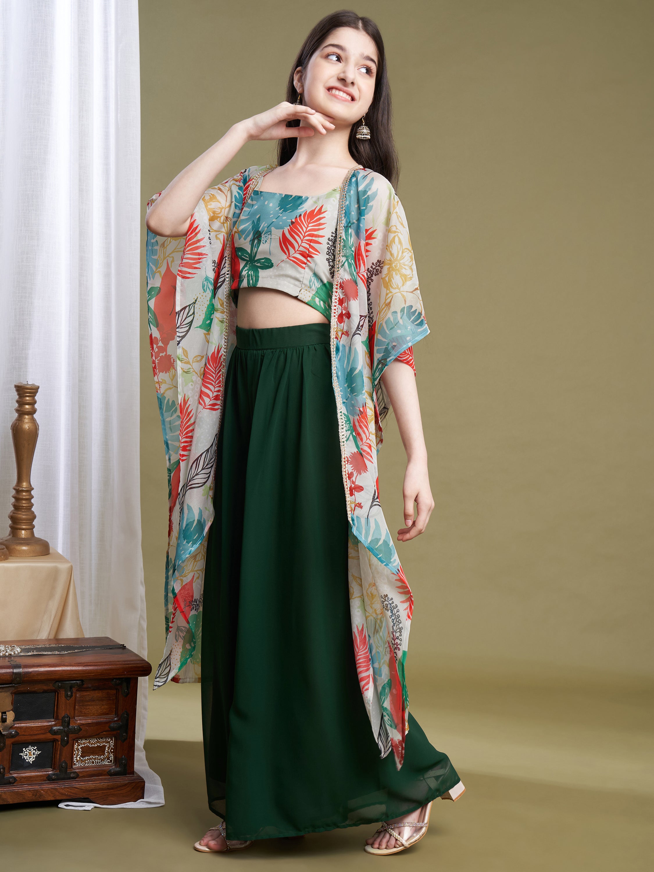 Girls Green Georgette Printed Top-Plaza & Shrug Set
