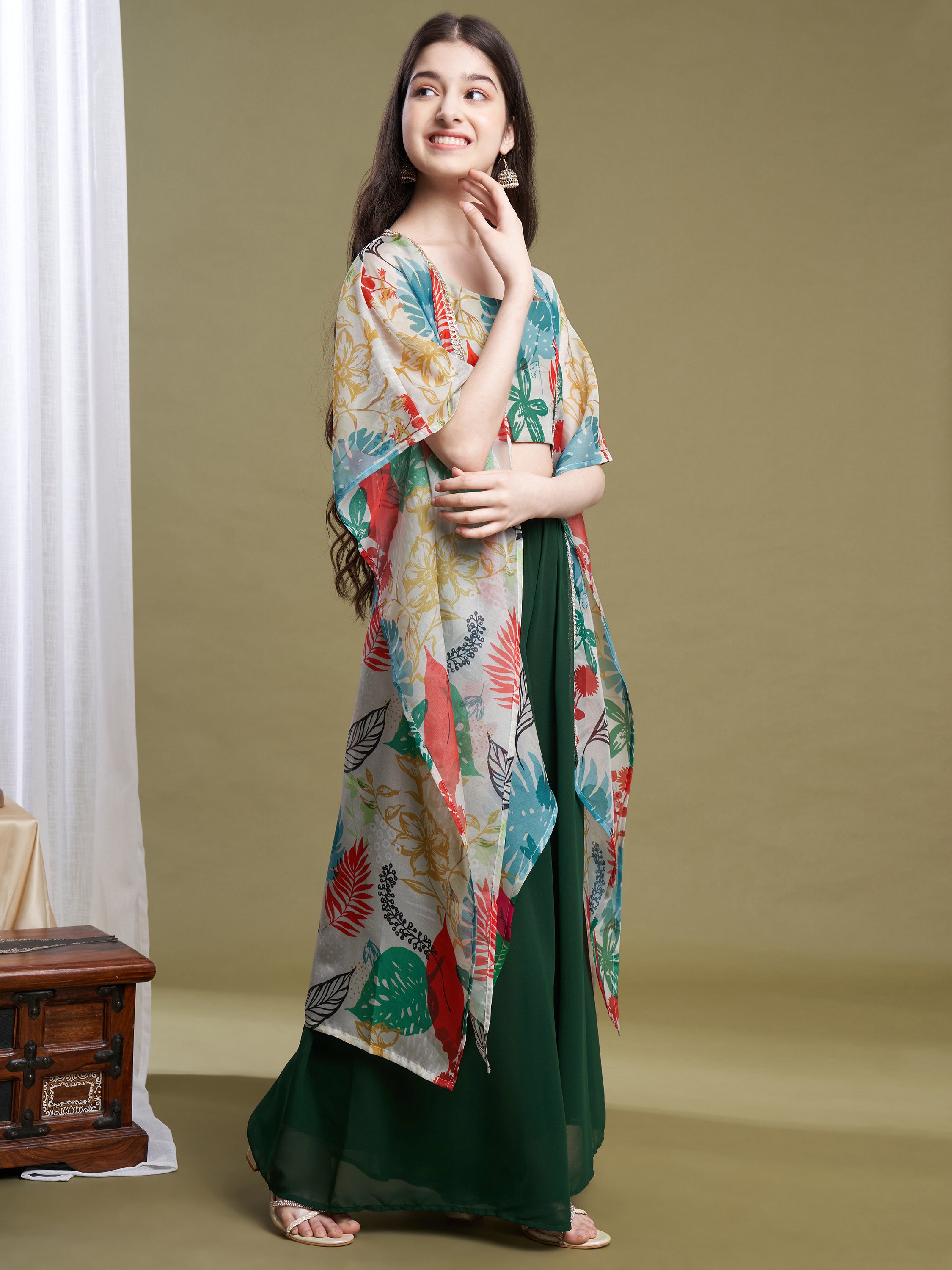 Girls Green Georgette Printed Top-Plaza & Shrug Set