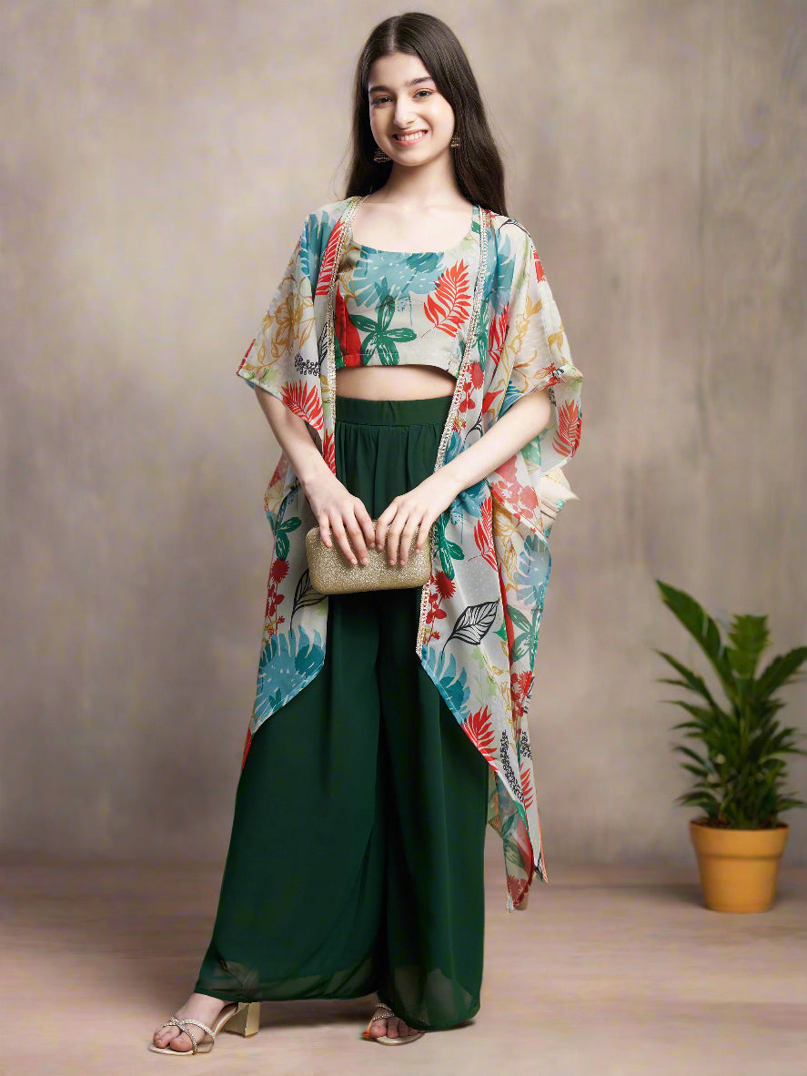 Girls Green Georgette Printed Top-Plaza & Shrug Set