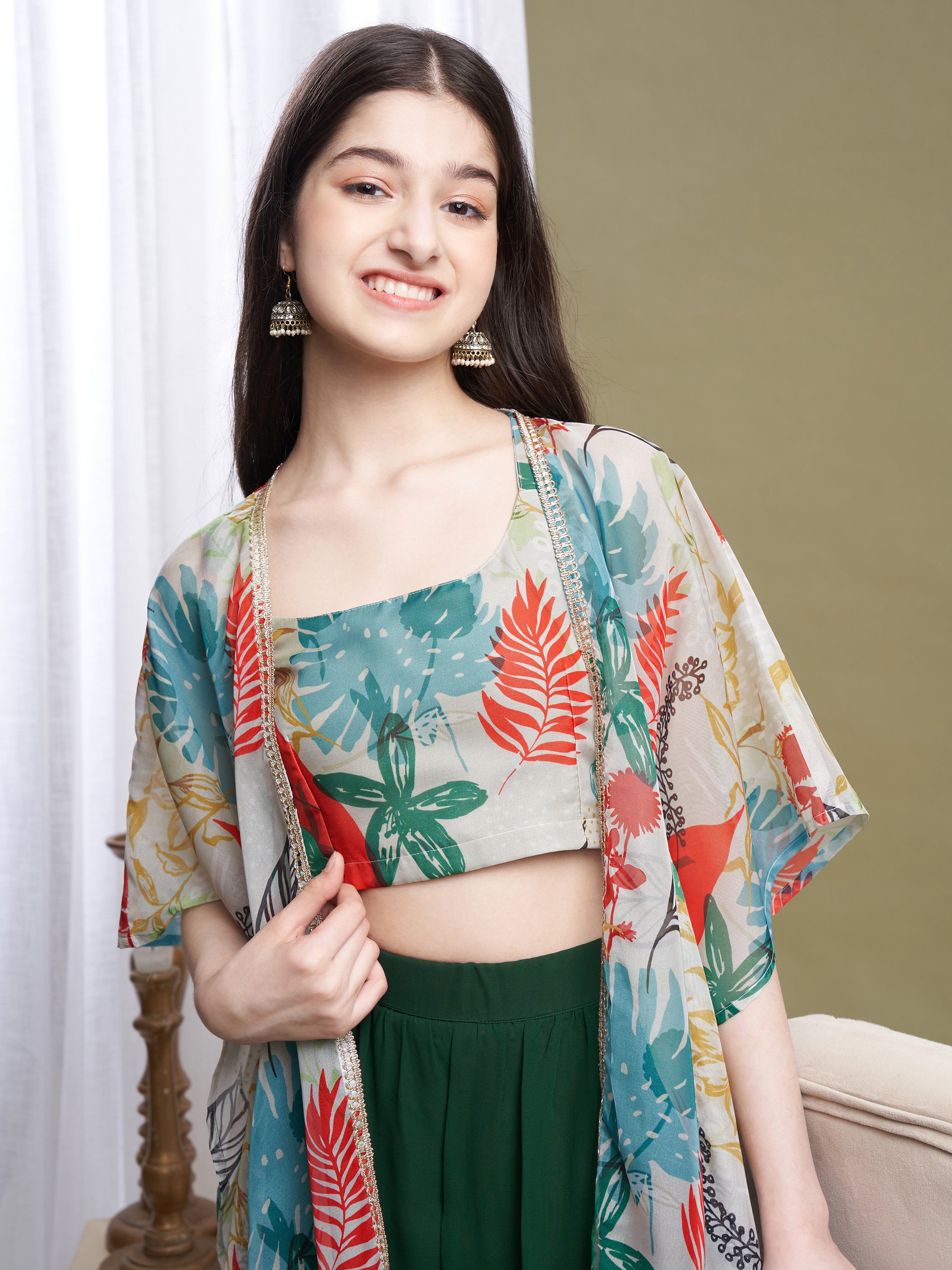 Girls Green Georgette Printed Top-Plaza & Shrug Set