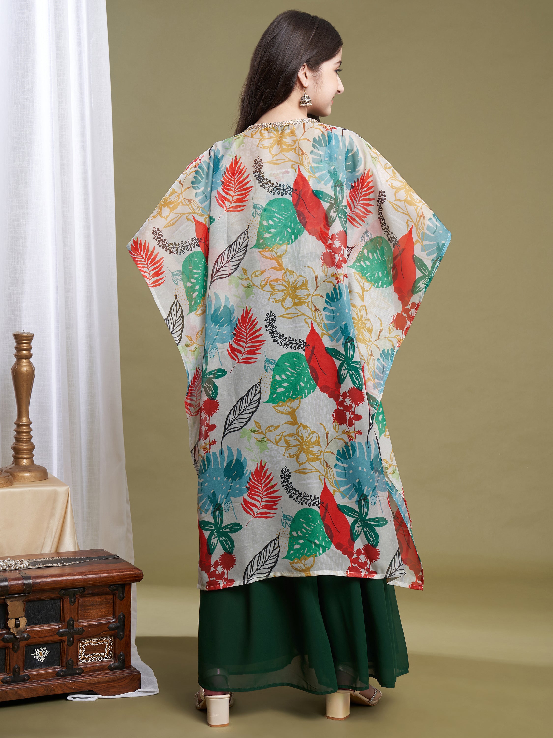 Girls Green Georgette Printed Top-Plaza & Shrug Set