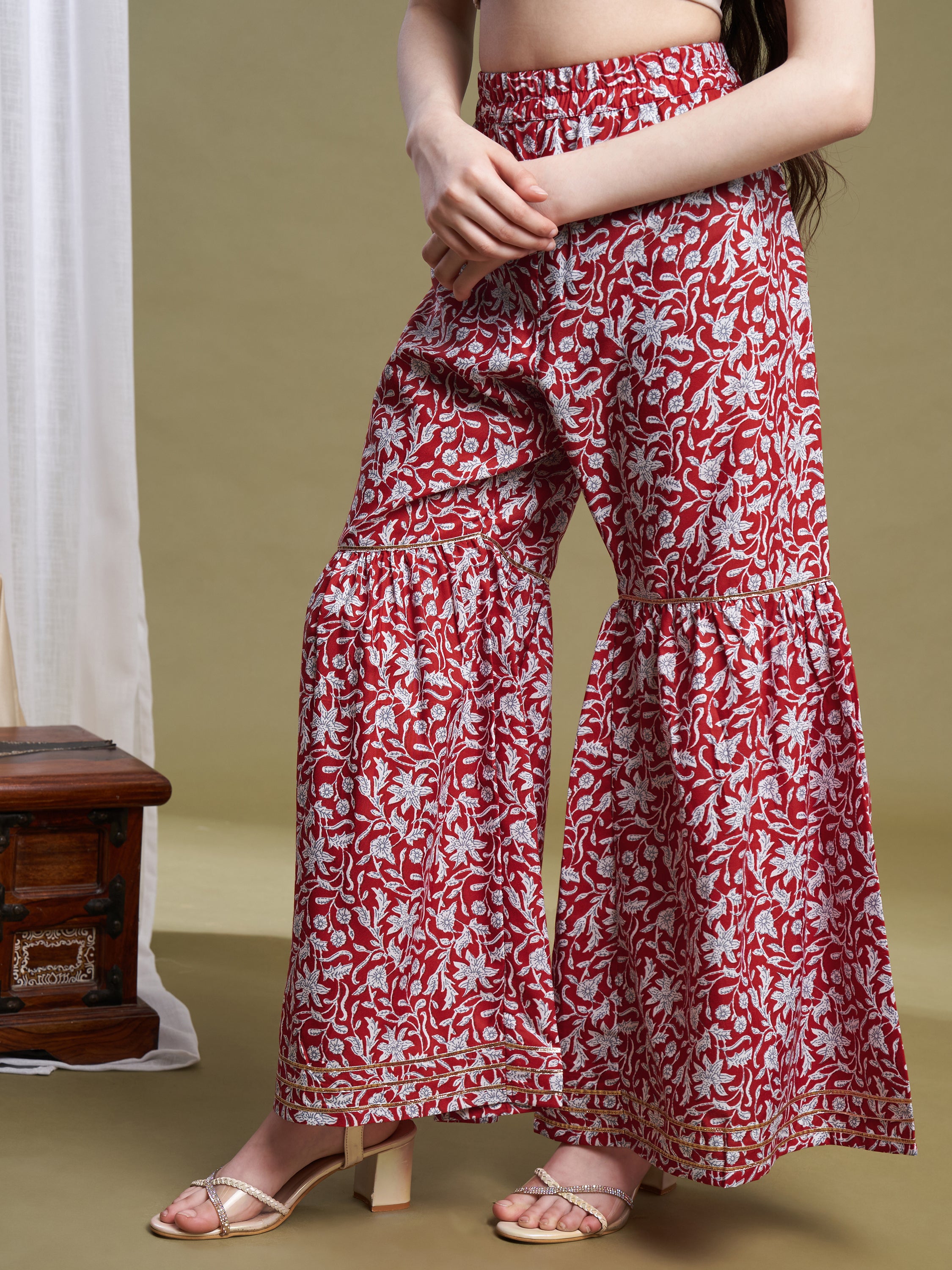 Girls Red Poly Cotton Printed Kurta Sharara Set