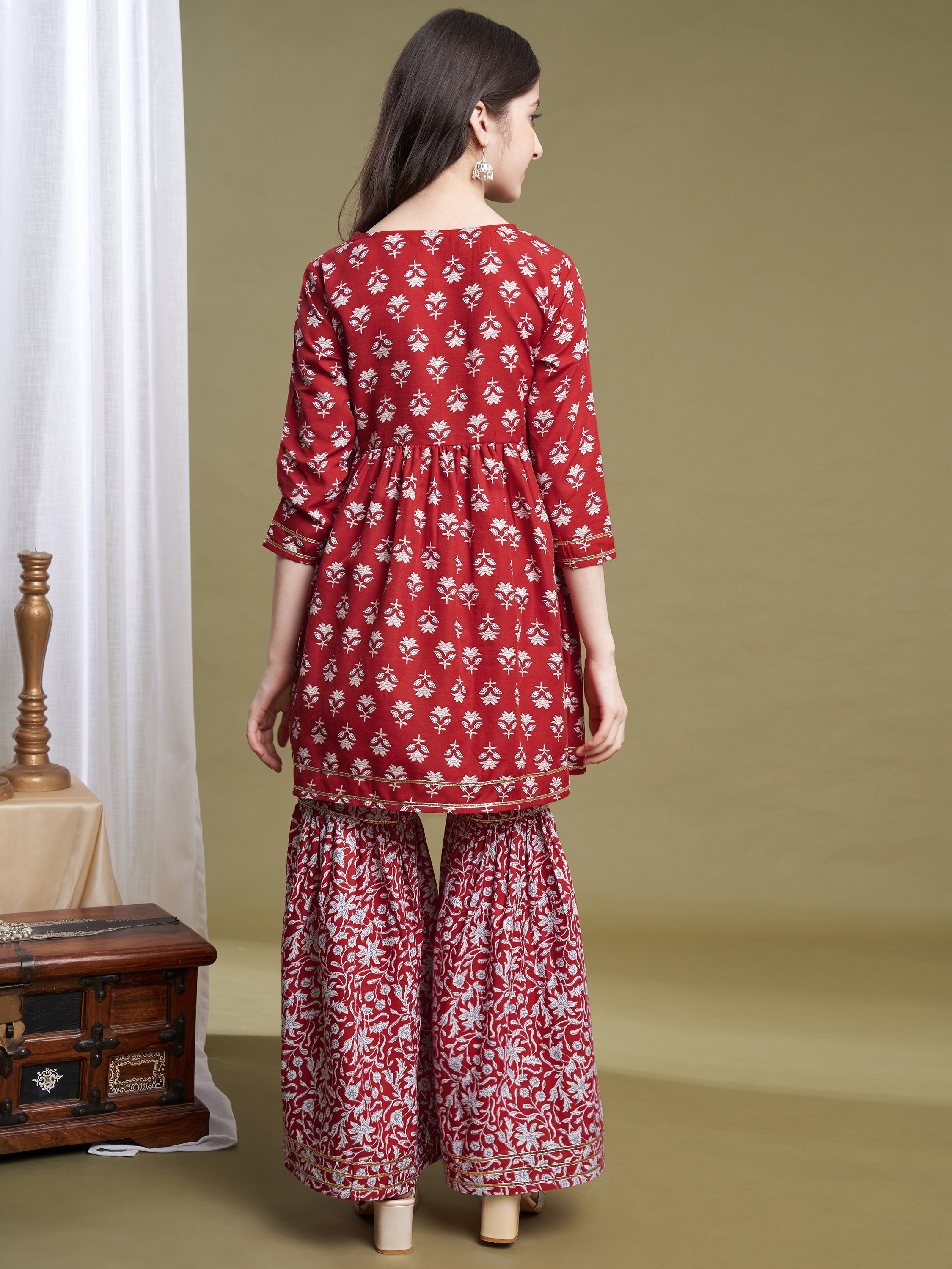 Girls Red Poly Cotton Printed Kurta Sharara Set