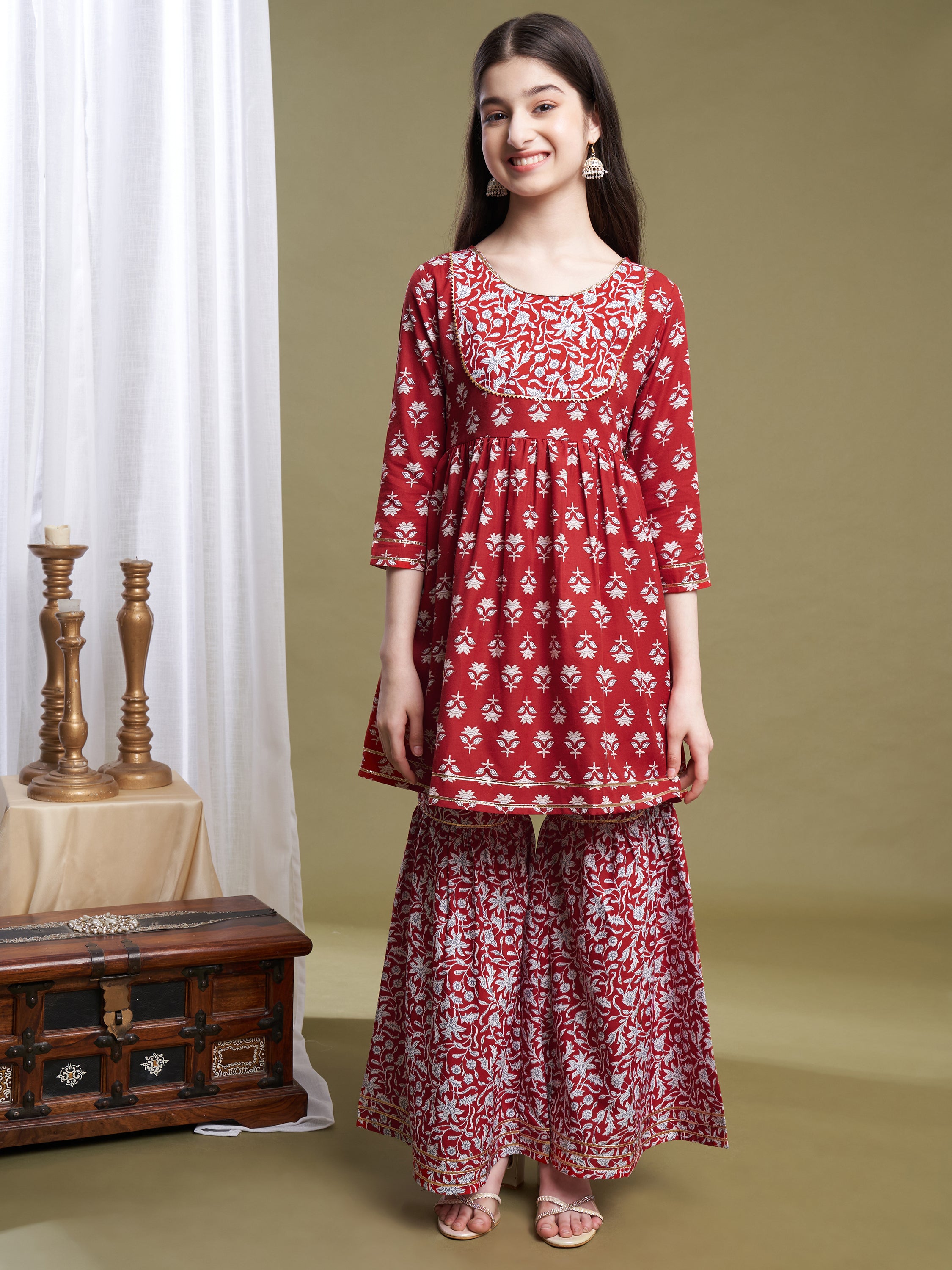 Girls Red Poly Cotton Printed Kurta Sharara Set