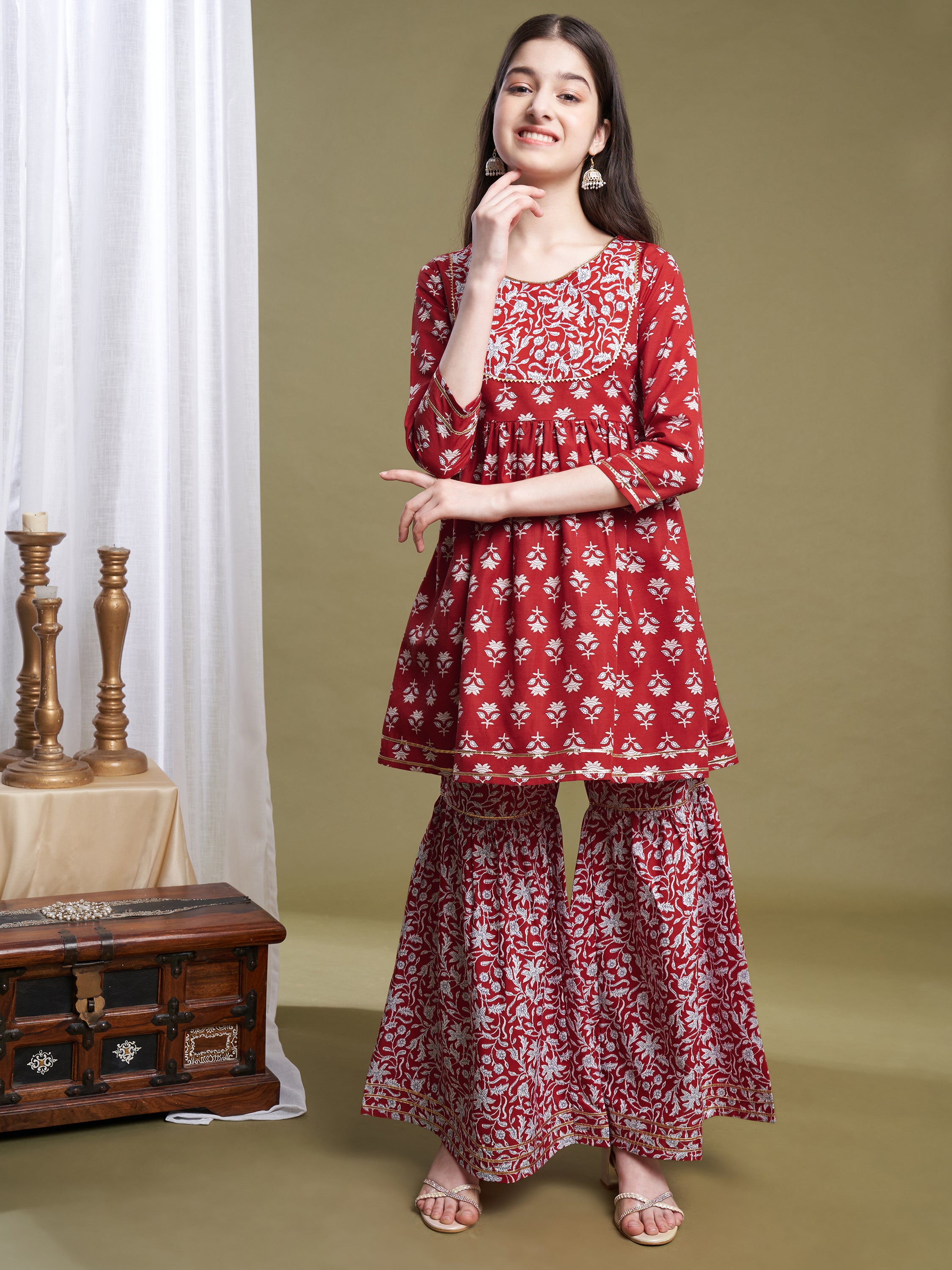 Girls Red Poly Cotton Printed Kurta Sharara Set