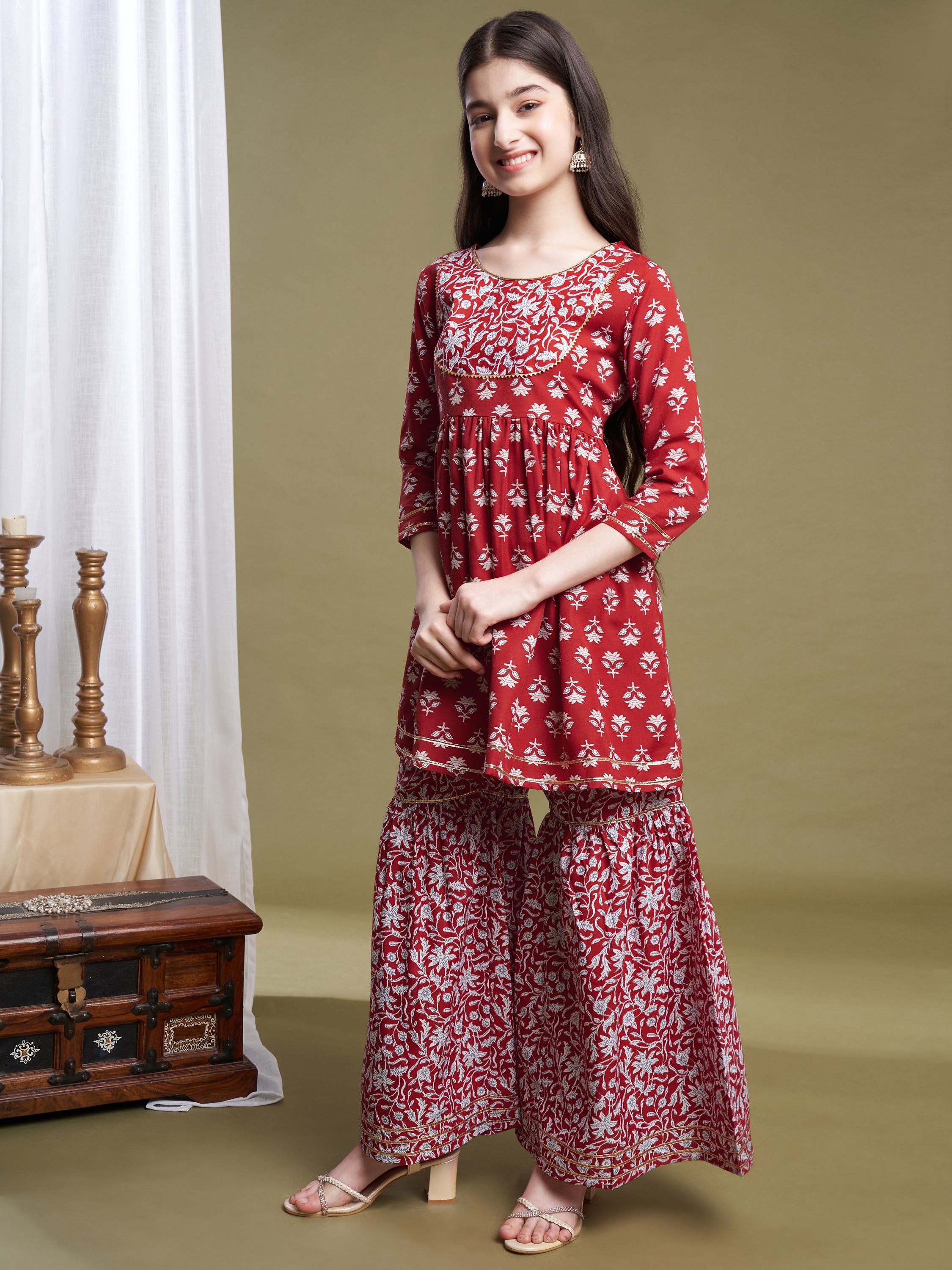 Girls Red Poly Cotton Printed Kurta Sharara Set