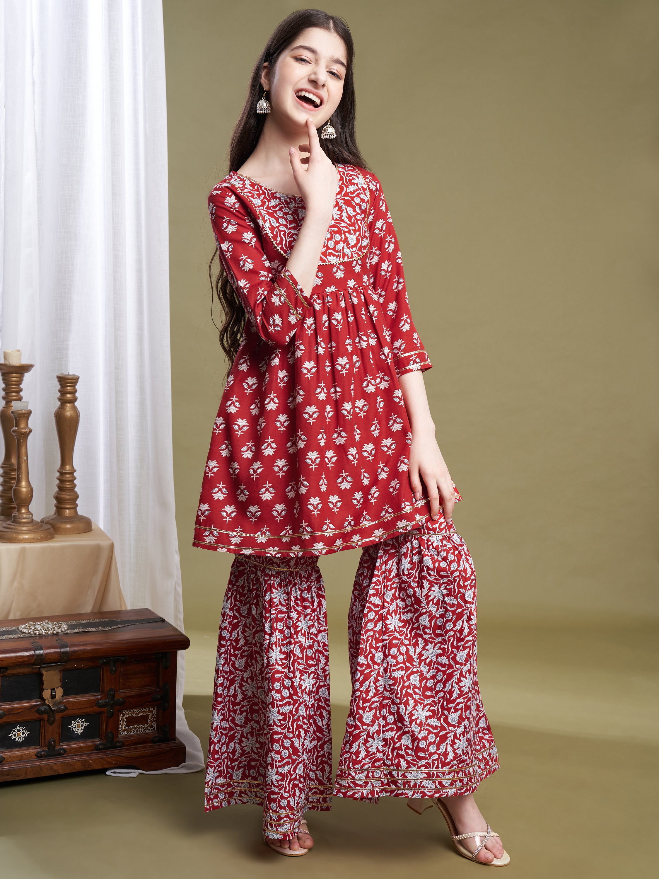 Girls Red Poly Cotton Printed Kurta Sharara Set