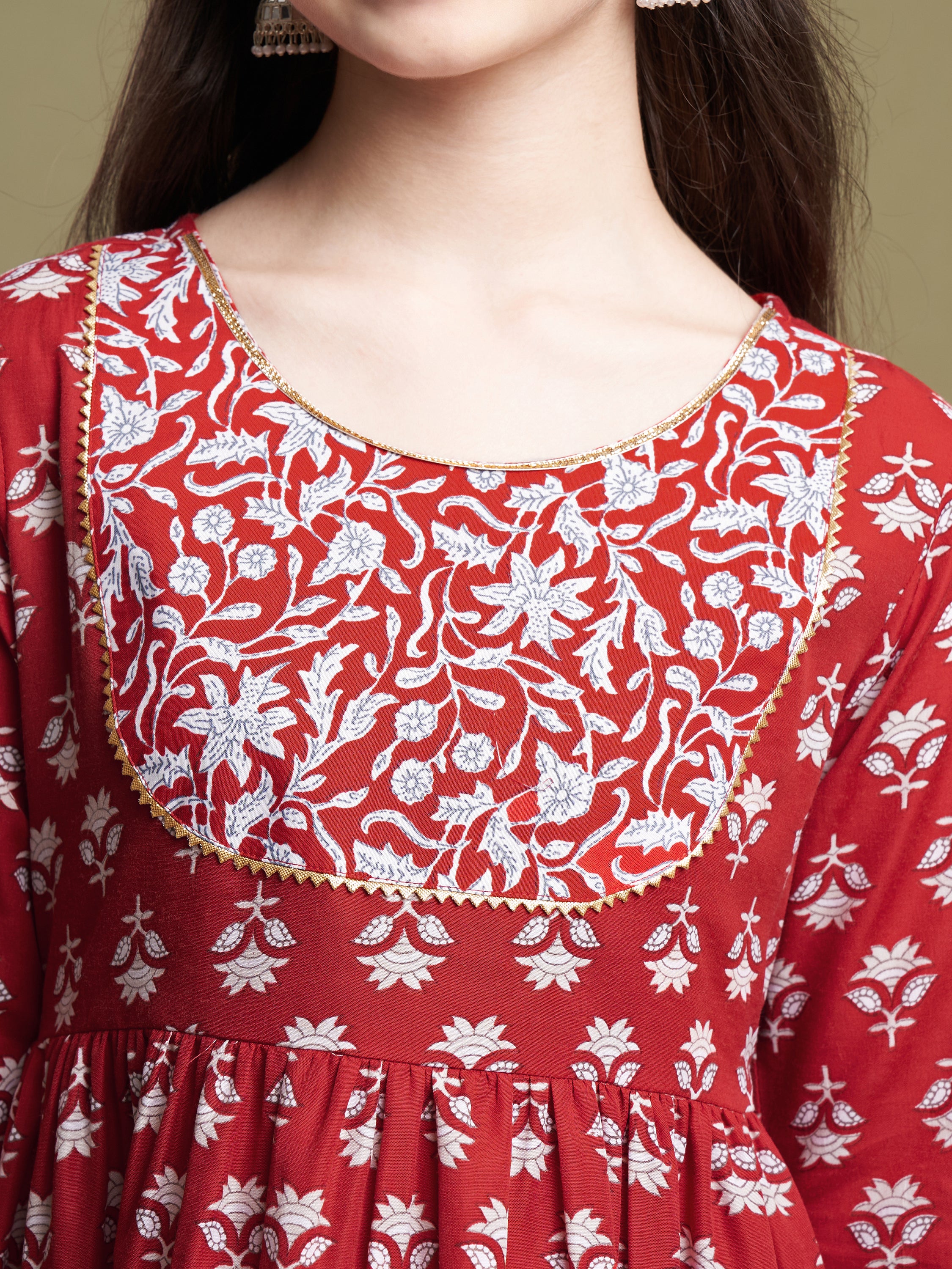 Girls Red Poly Cotton Printed Kurta Sharara Set