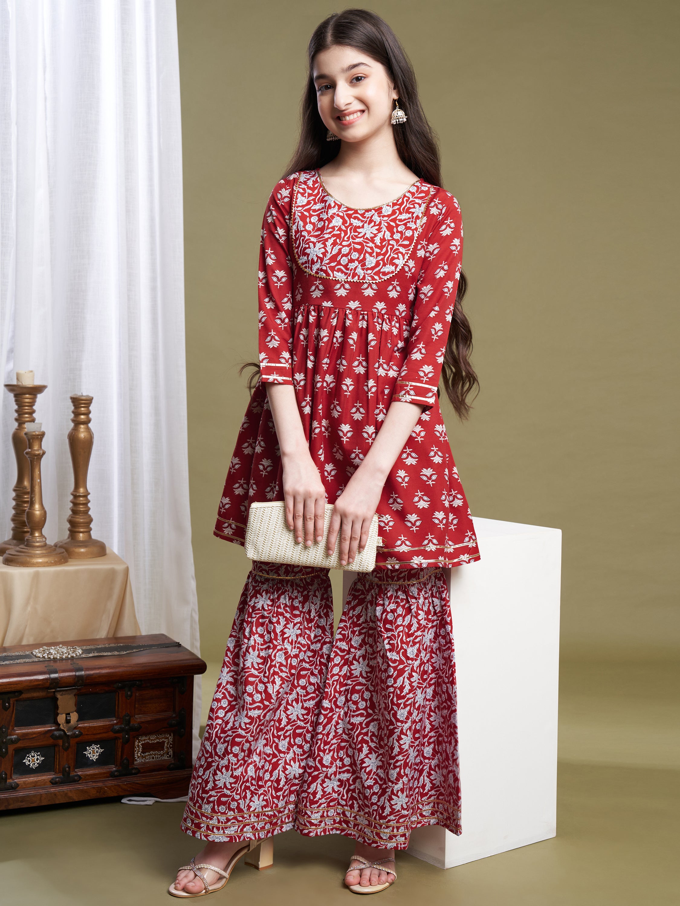 Girls Red Poly Cotton Printed Kurta Sharara Set
