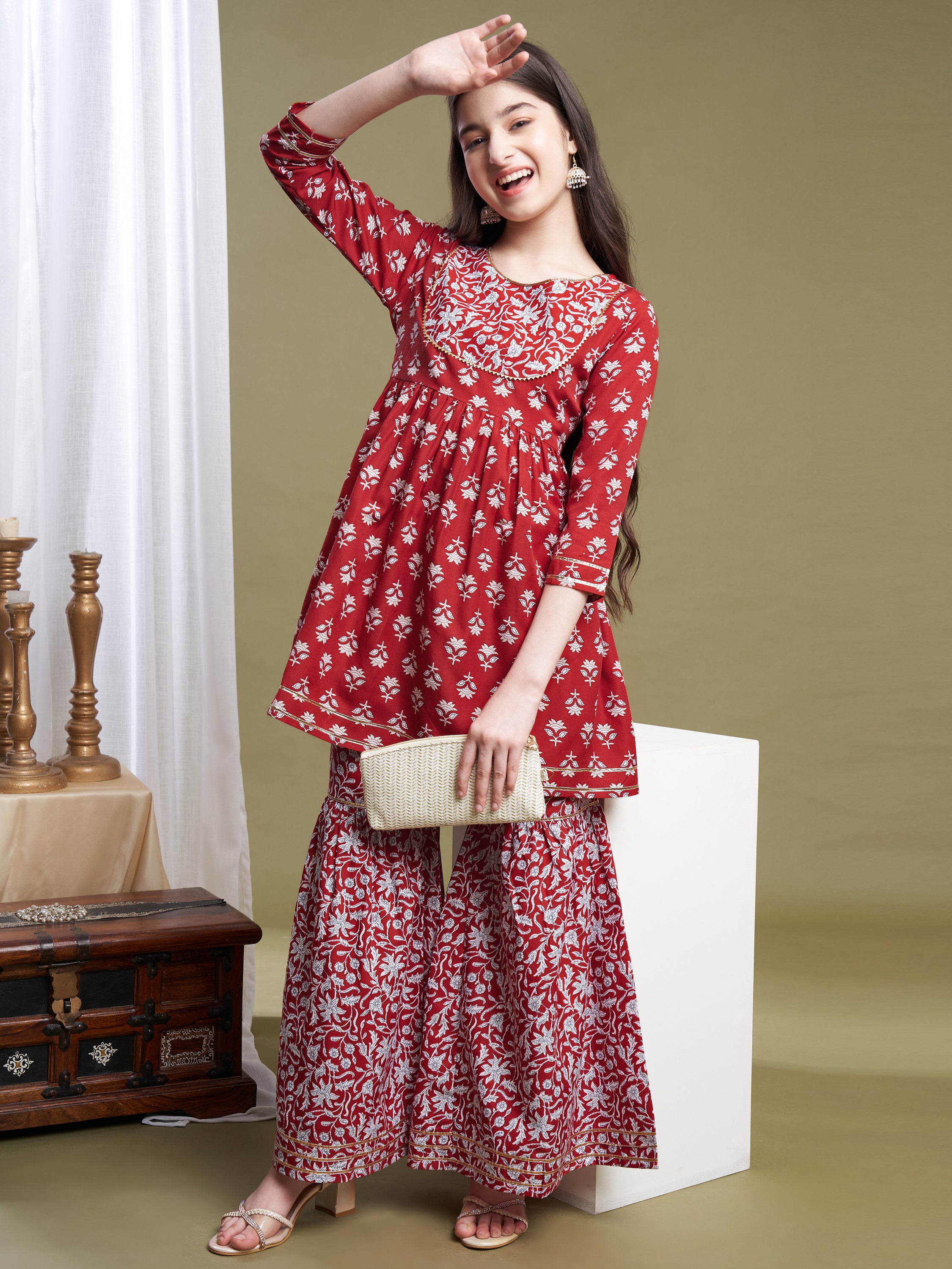 Girls Red Poly Cotton Printed Kurta Sharara Set