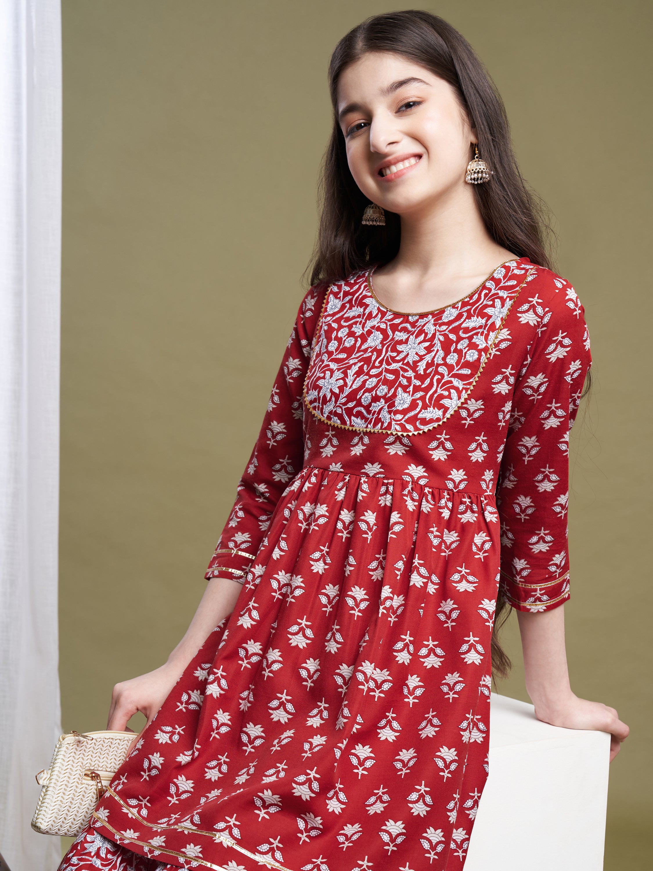 Girls Red Poly Cotton Printed Kurta Sharara Set