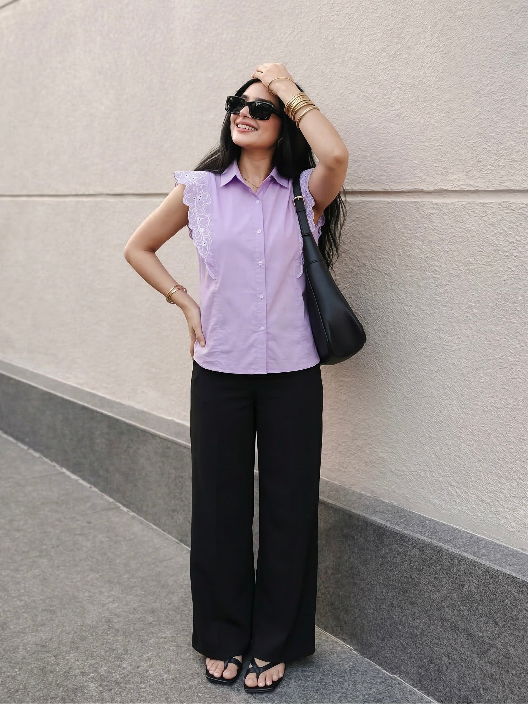 Lavender Cotton Embroidered Regular Fit Shirt for Women