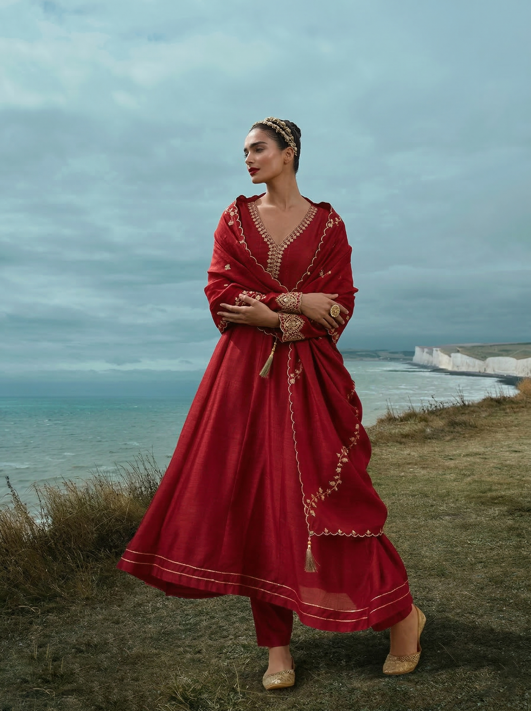 Red Silk Embroidered Anarkali Kurta with Dupatta Set