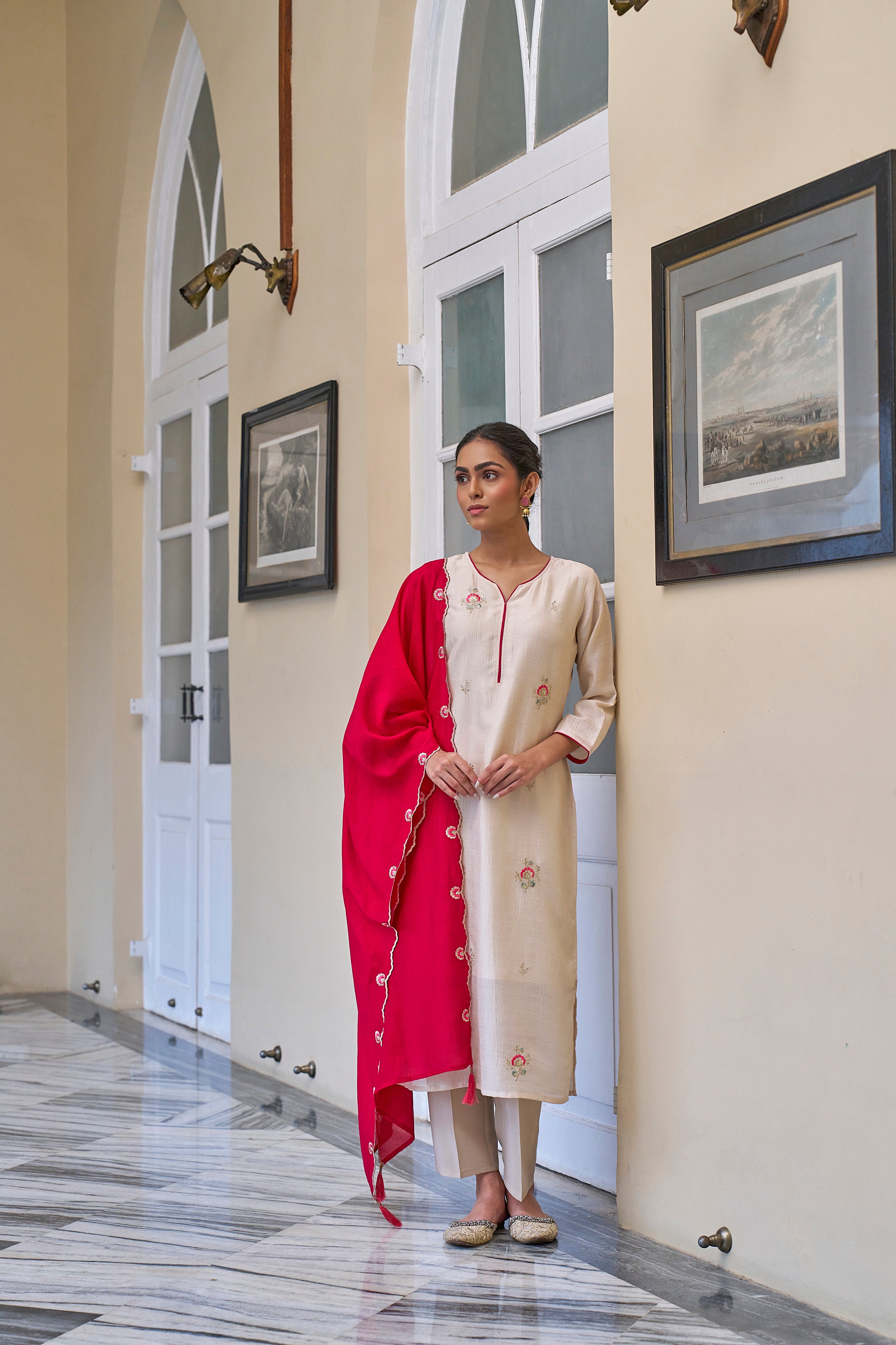 Cream Embroidered Chinon Kurta with Dupatta Set