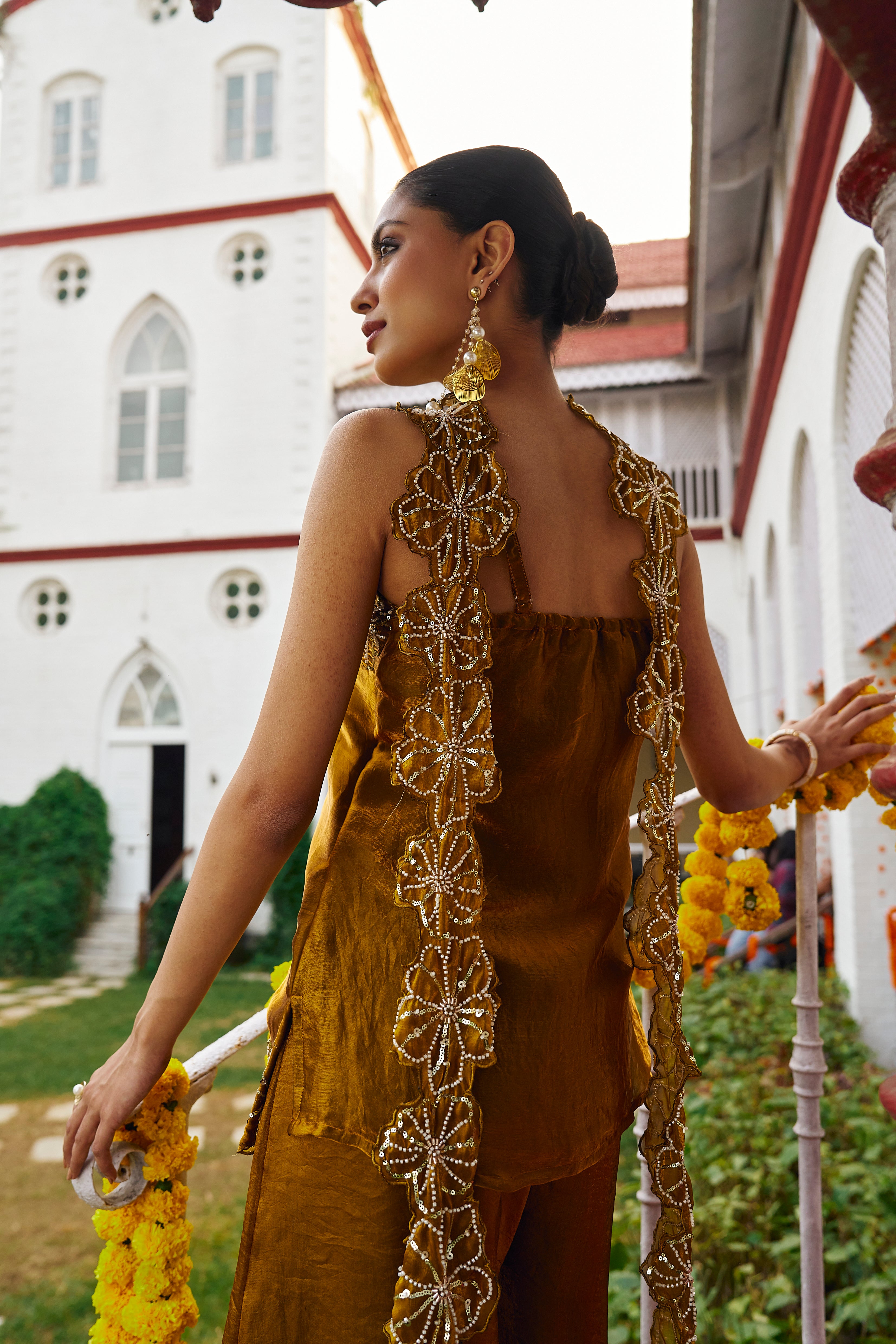 Golden Silk Embroidered Crop Top & Flowy Pants Ensemble for women