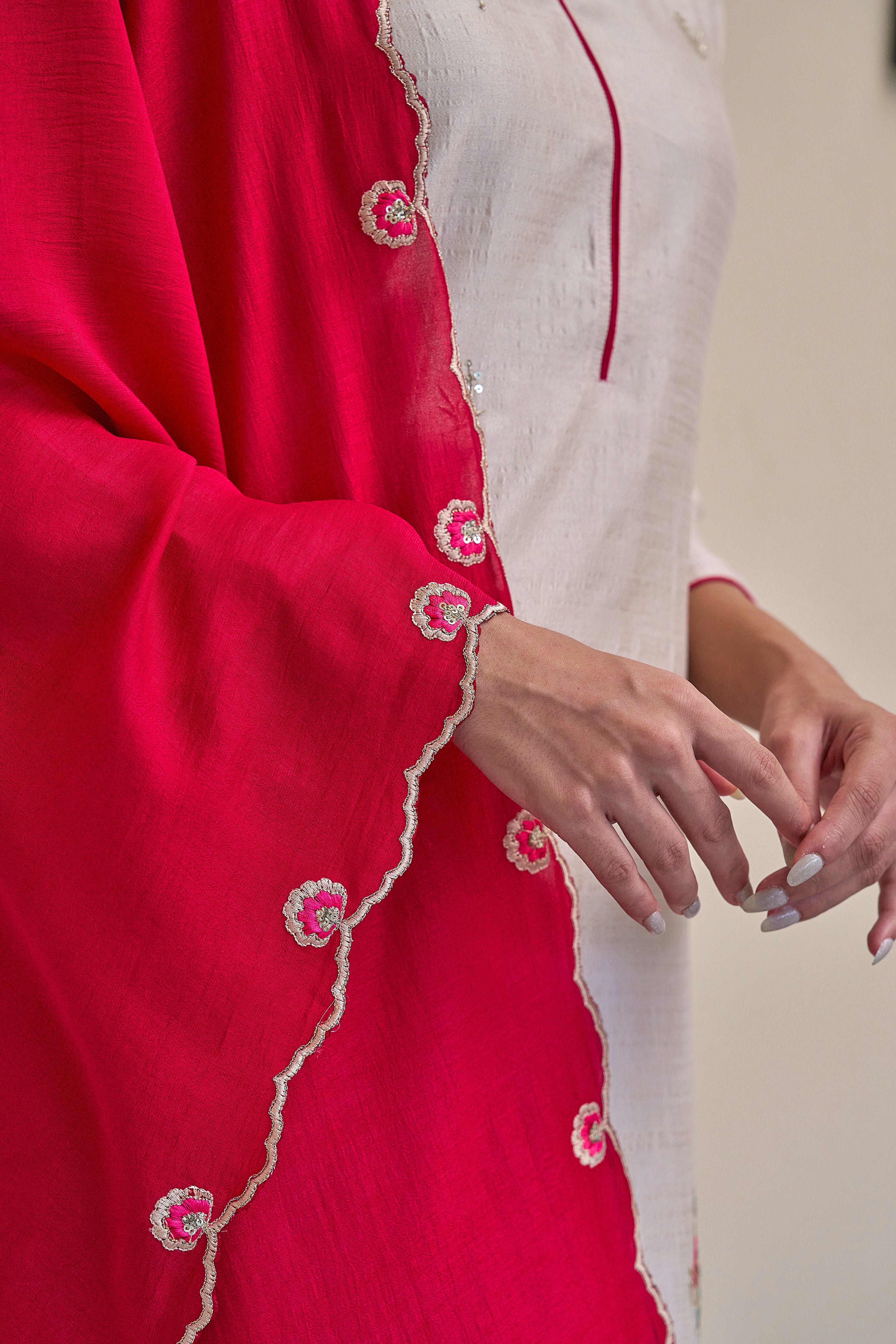 Cream Embroidered Chinon Kurta with Dupatta Set
