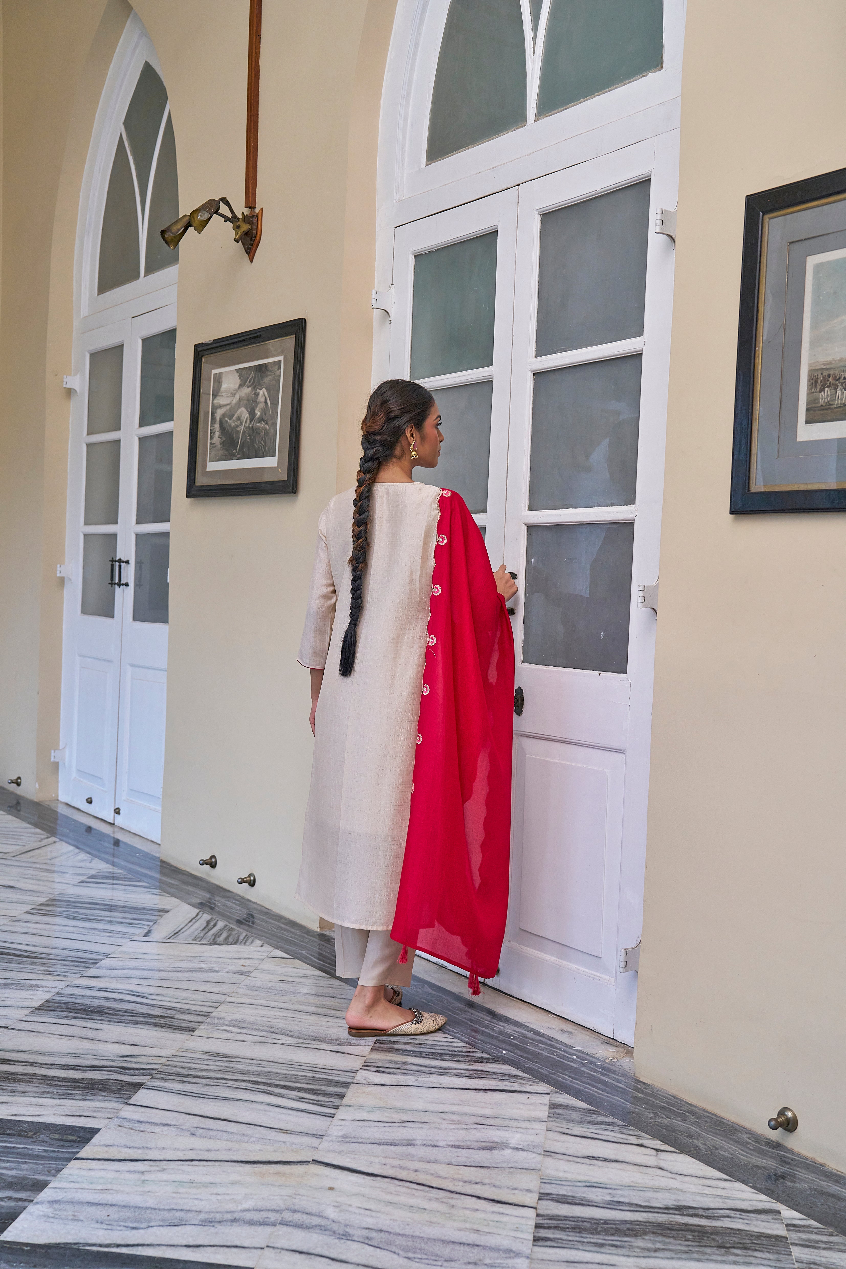 Cream Embroidered Chinon Kurta with Dupatta Set