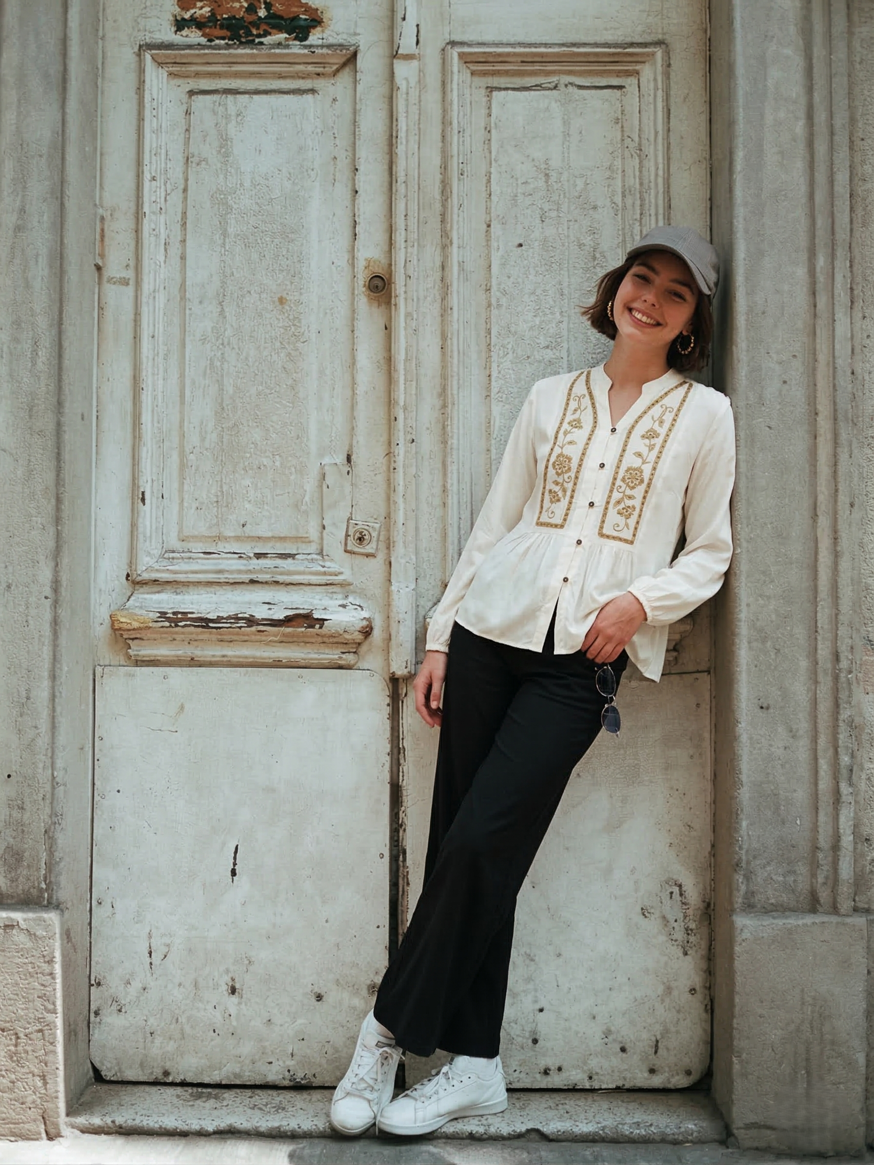 Off White Rayon Embroidered Regular Fit Shirt for Women