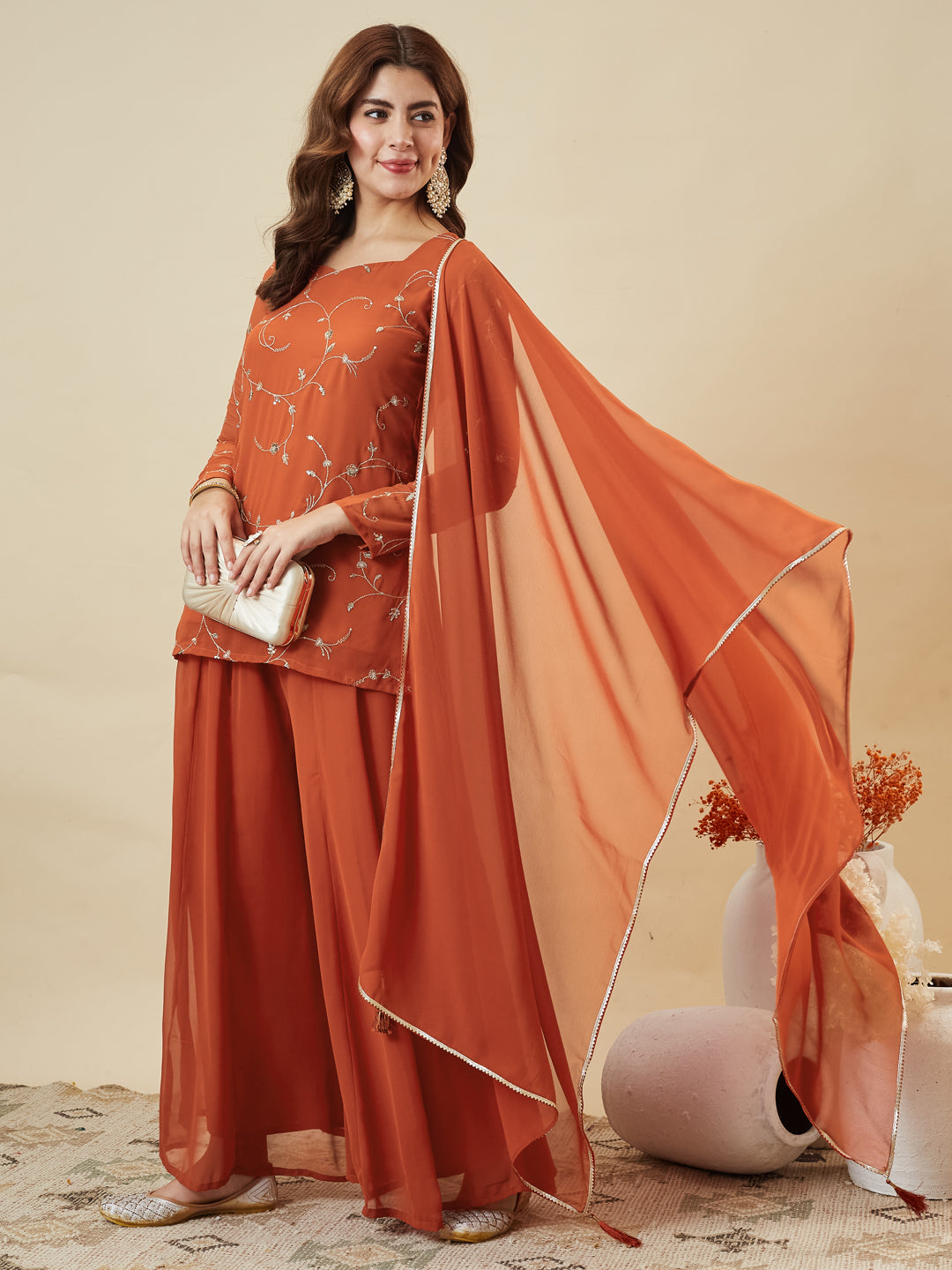 Orange Embroidered Georgette Straight Suit Set With Dupatta