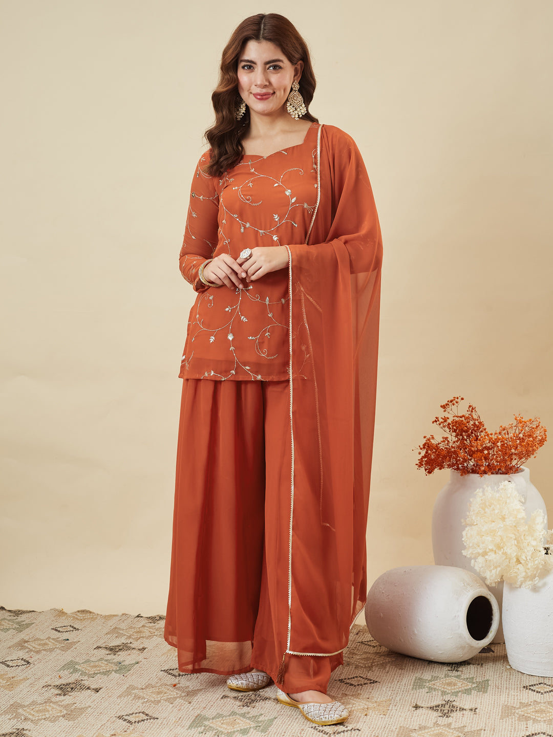 Orange Embroidered Georgette Straight Suit Set With Dupatta