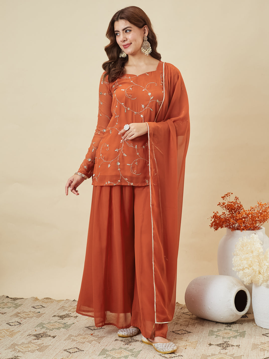 Orange Embroidered Georgette Straight Suit Set With Dupatta