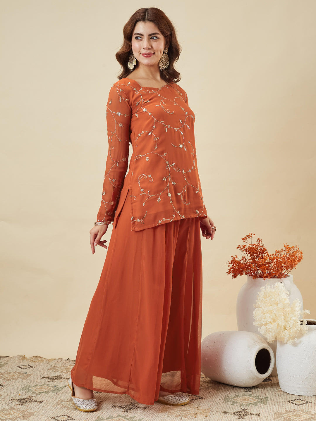 Orange Embroidered Georgette Straight Suit Set With Dupatta
