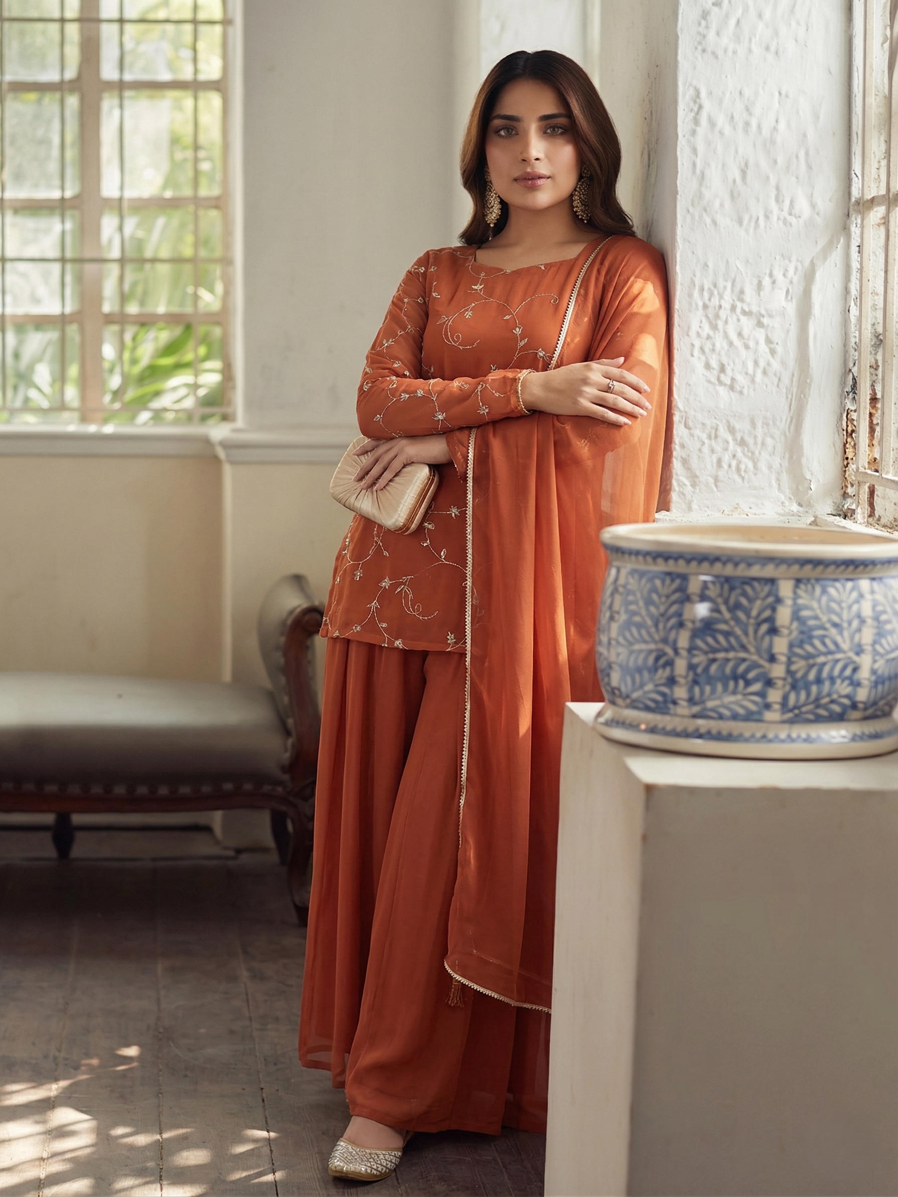 Orange Embroidered Georgette Straight Suit Set With Dupatta
