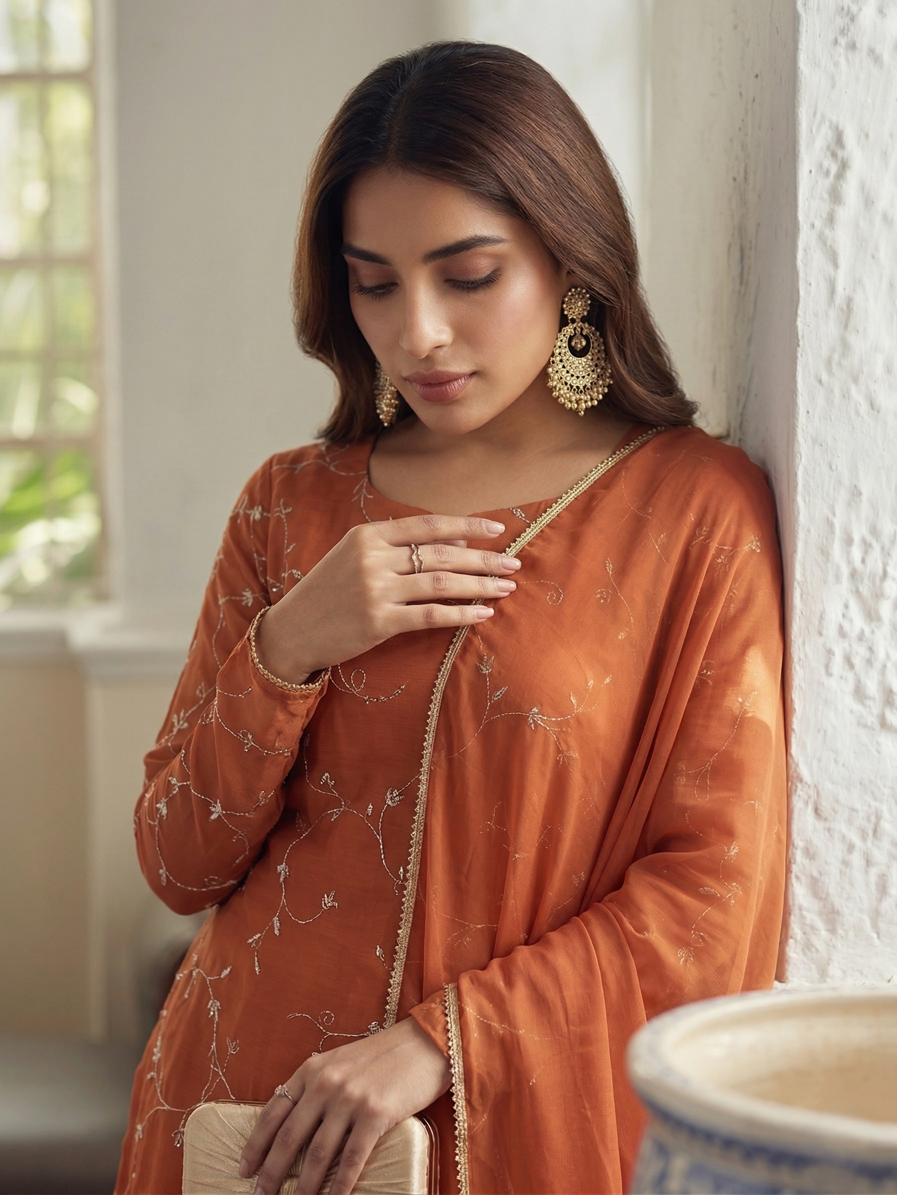 Orange Embroidered Georgette Straight Suit Set With Dupatta
