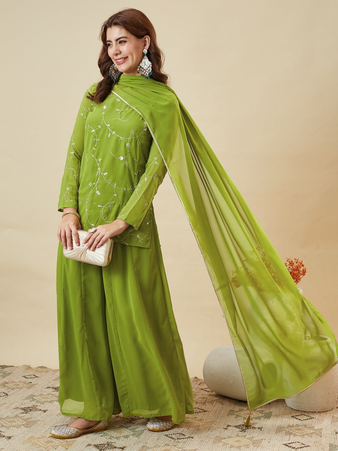 Lime Green Embroidered Georgette Straight Suit Set With Dupatta