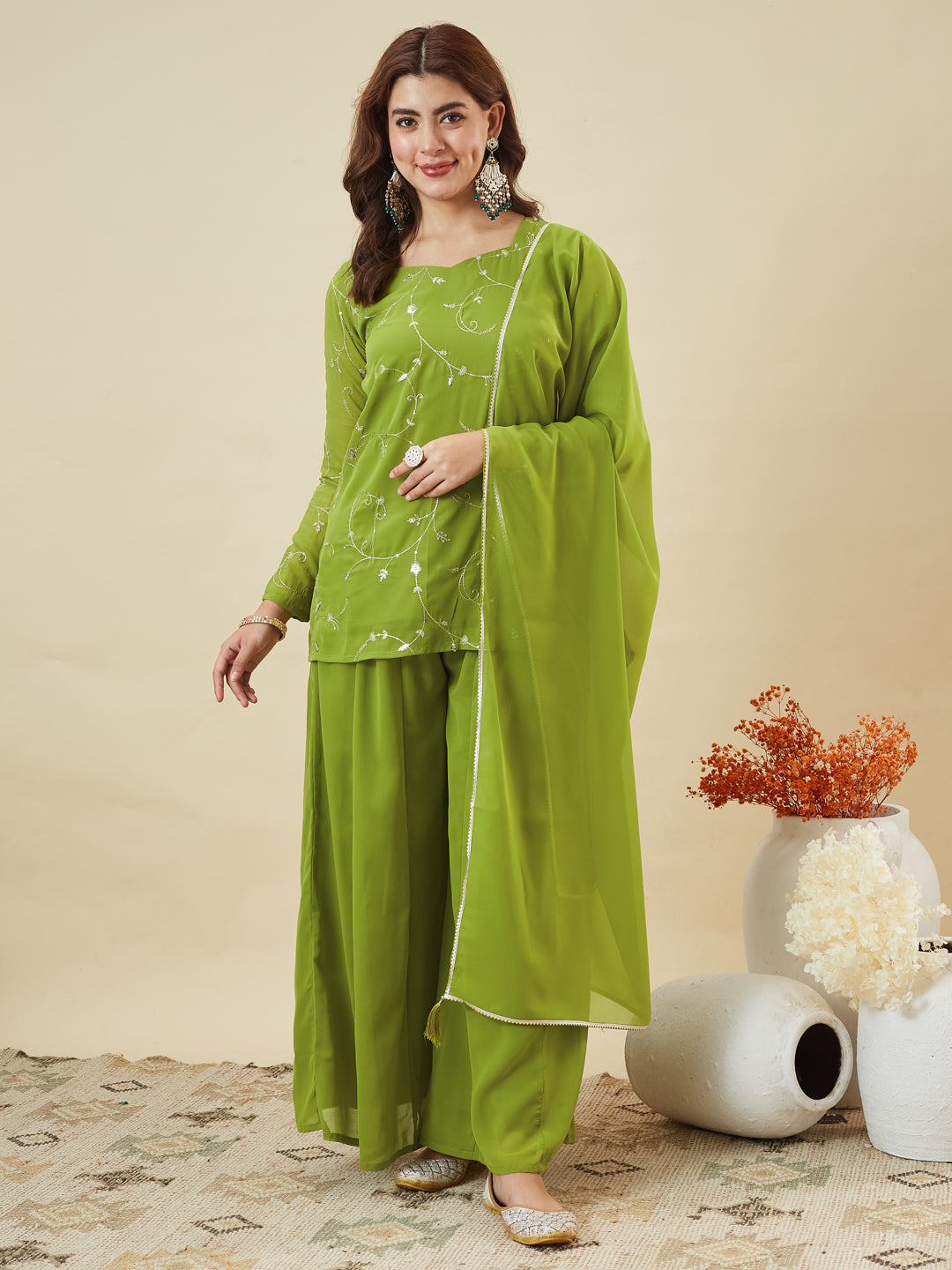 Lime Green Embroidered Georgette Straight Suit Set With Dupatta