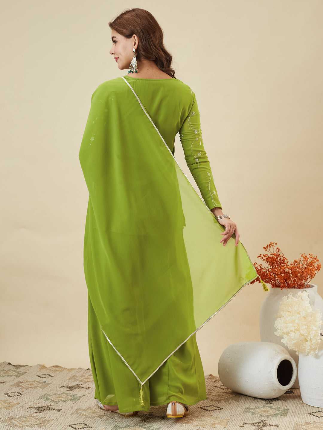 Lime Green Embroidered Georgette Straight Suit Set With Dupatta