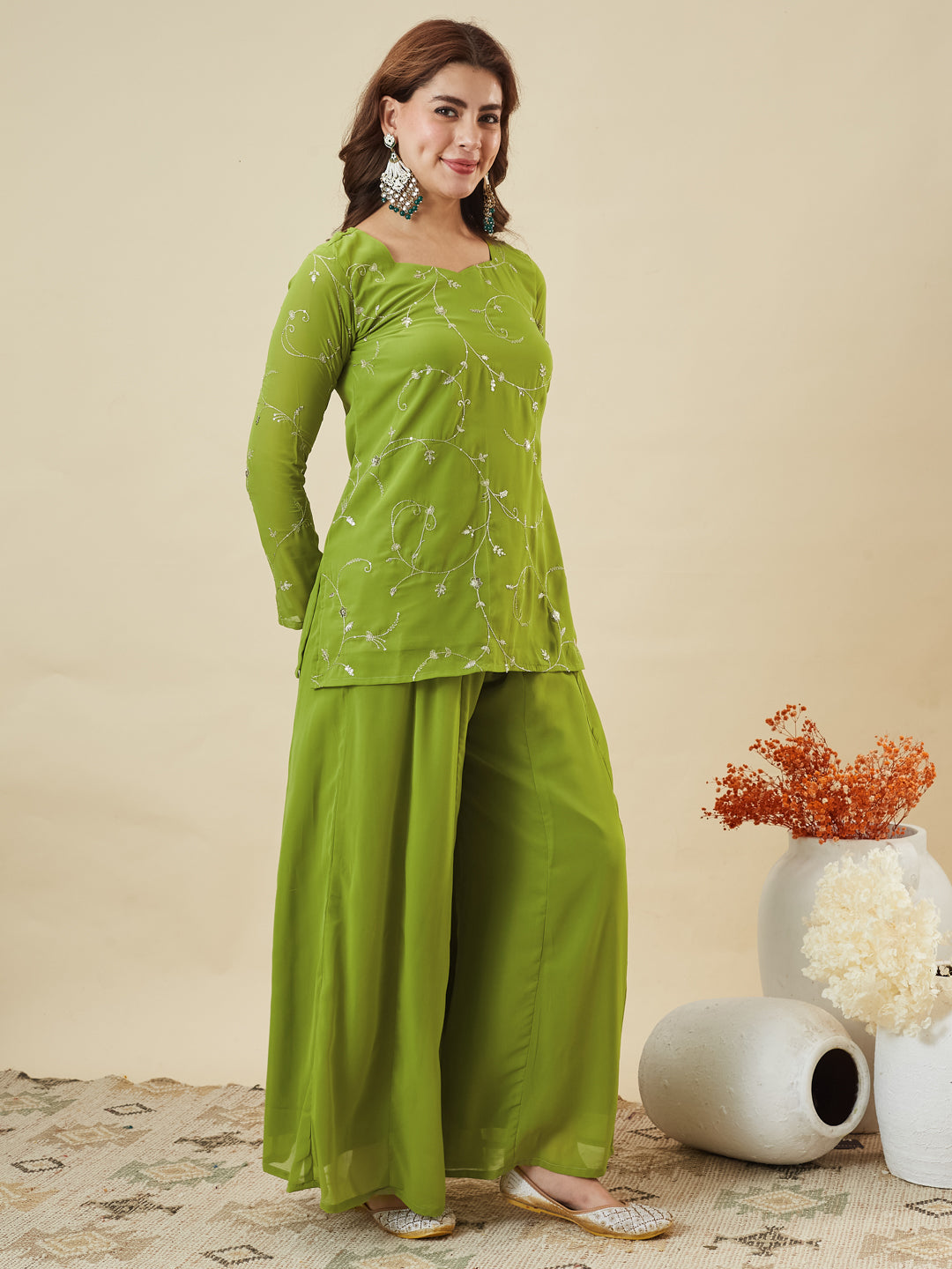 Lime Green Embroidered Georgette Straight Suit Set With Dupatta
