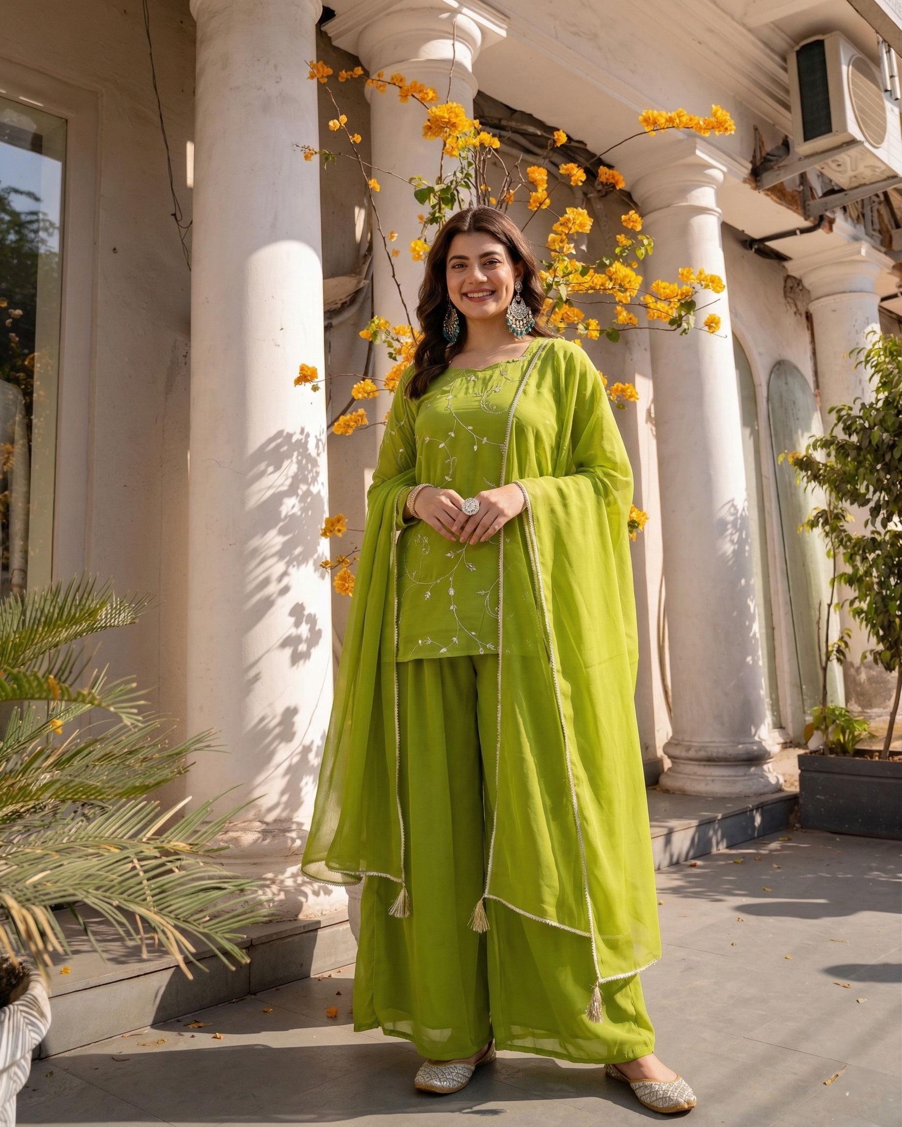 Lime Green Embroidered Georgette Straight Suit Set With Dupatta