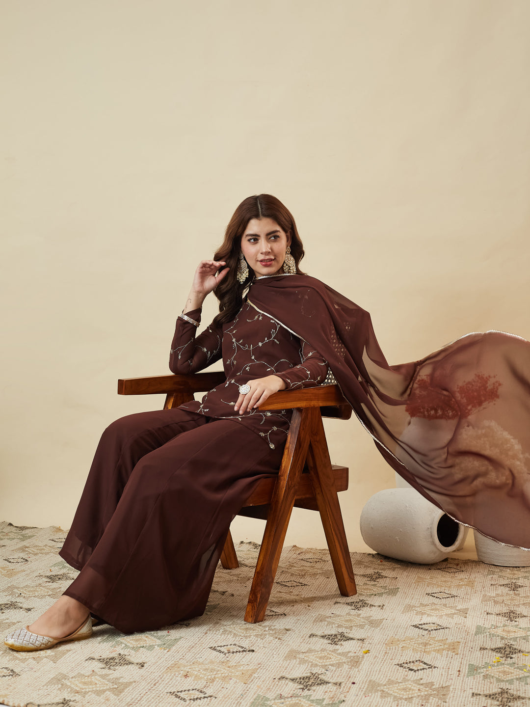 Coffee Embroidered Georgette Straight Suit Set With Dupatta