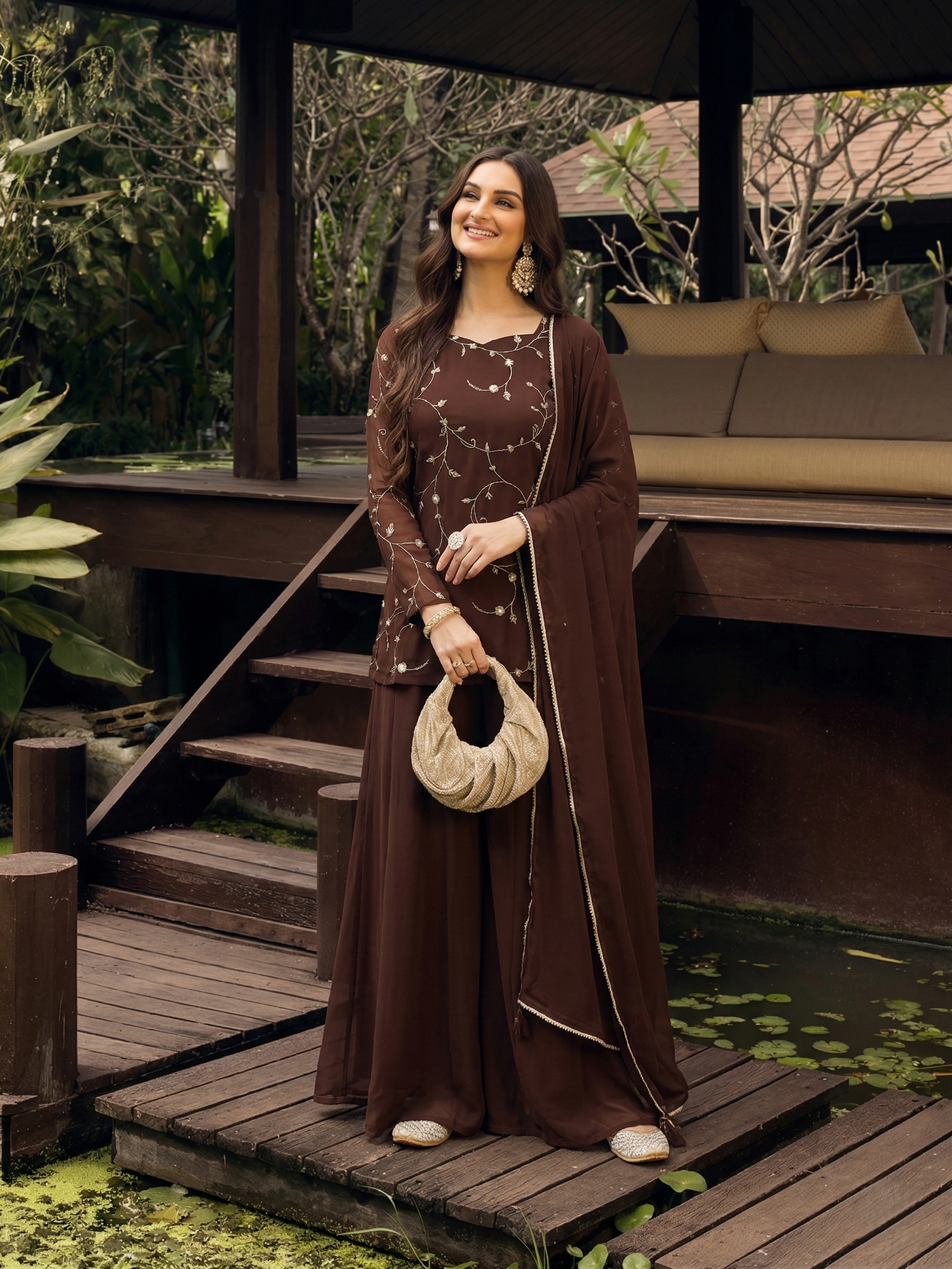 Coffee Embroidered Georgette Straight Suit Set With Dupatta