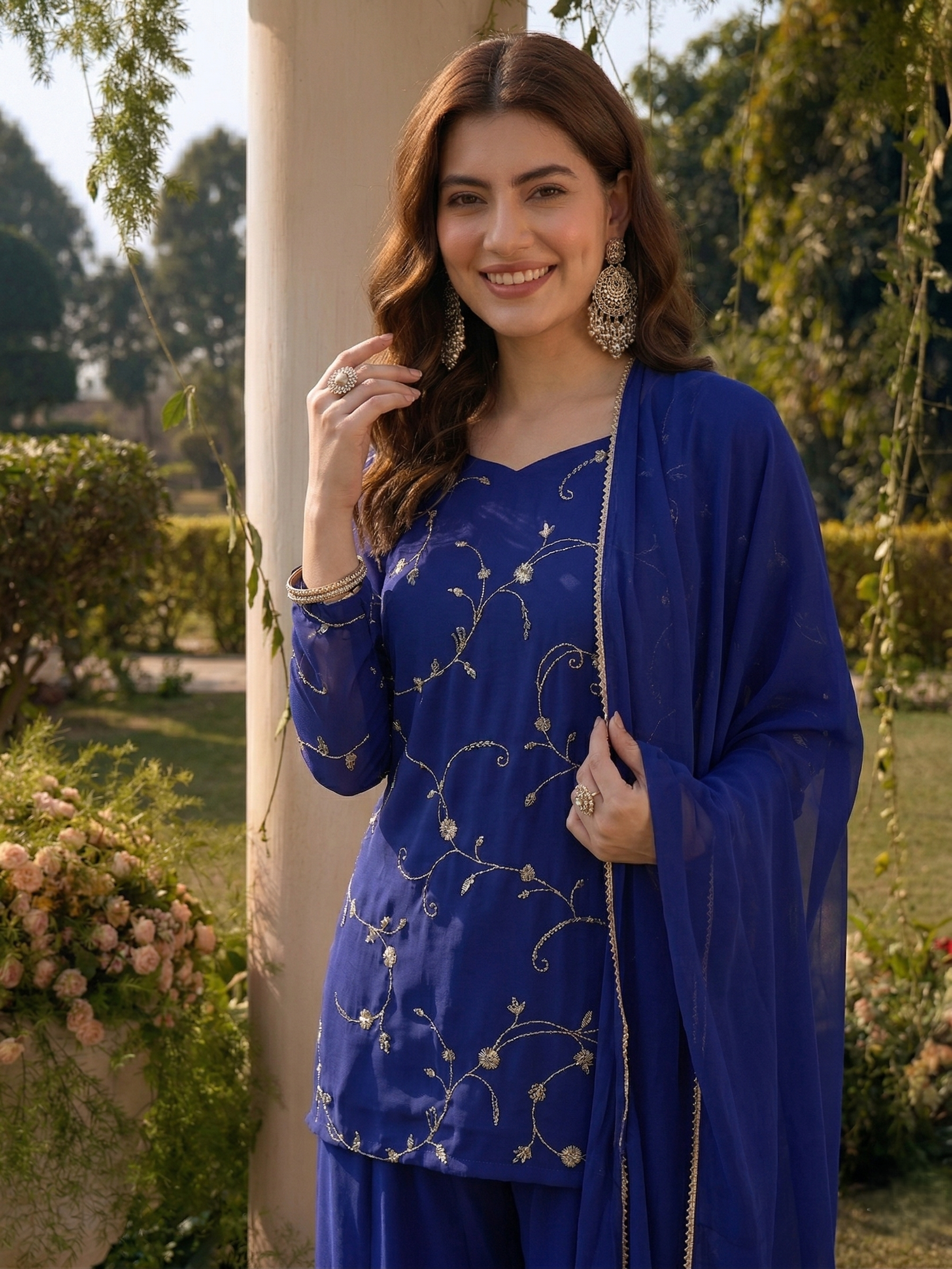 Royal Blue Embroidered Georgette Straight Suit Set With Dupatta